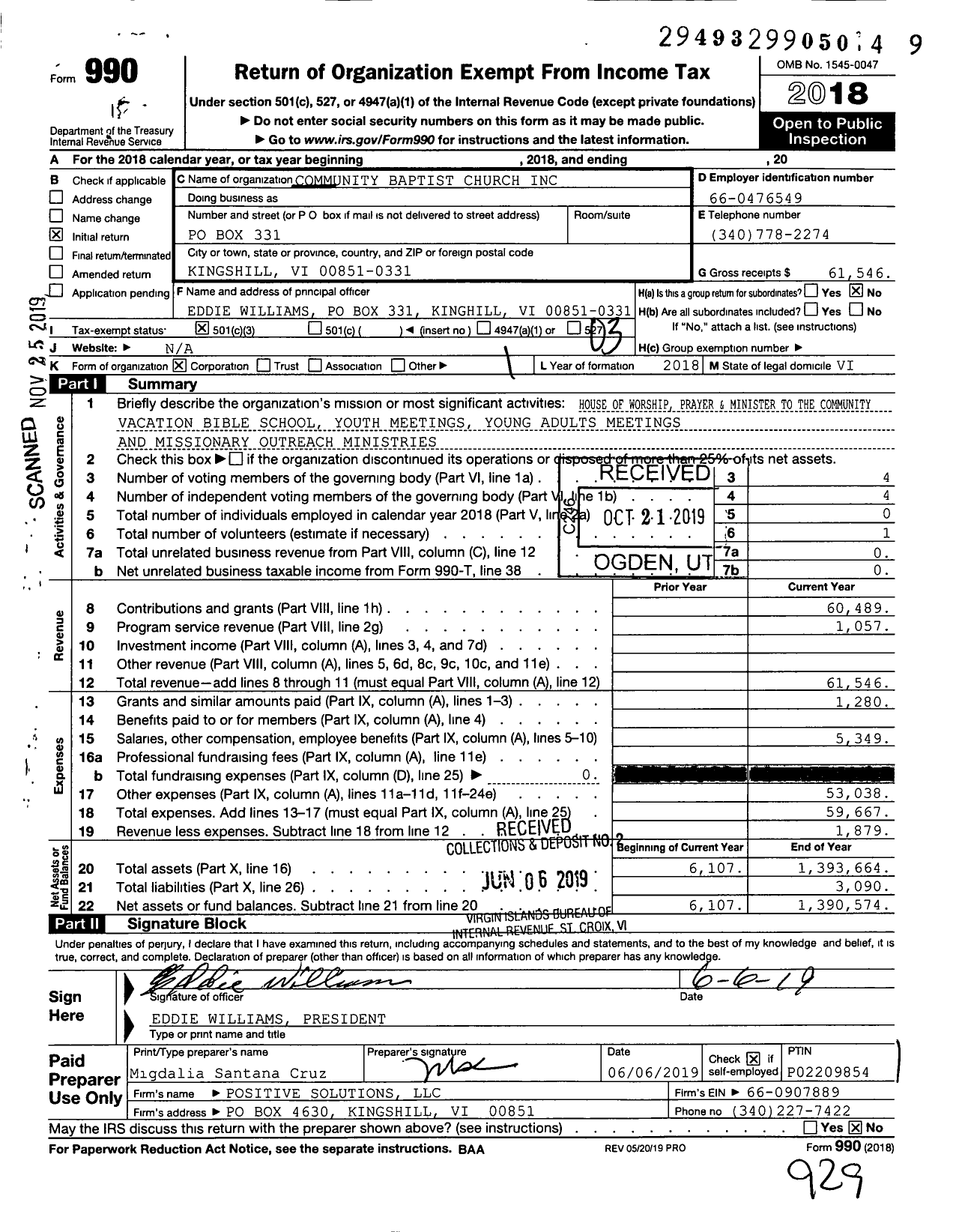 Image of first page of 2018 Form 990 for Community Baptist Church