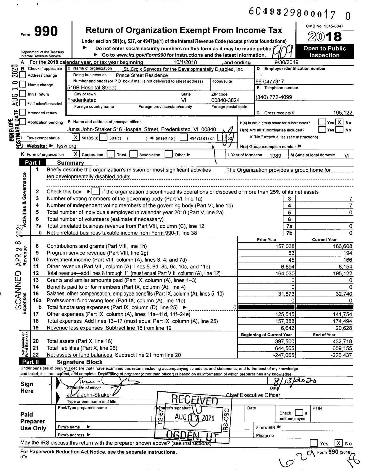 Image of first page of 2018 Form 990 for Prince Street Residence