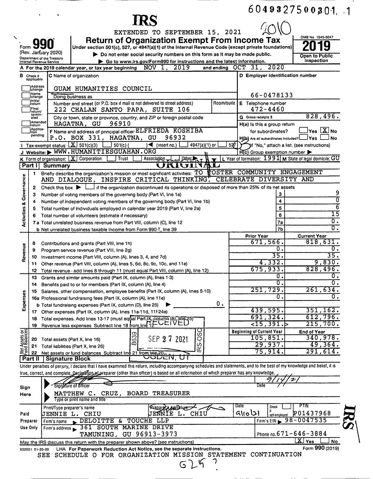 Image of first page of 2019 Form 990 for Guam Humanities Council