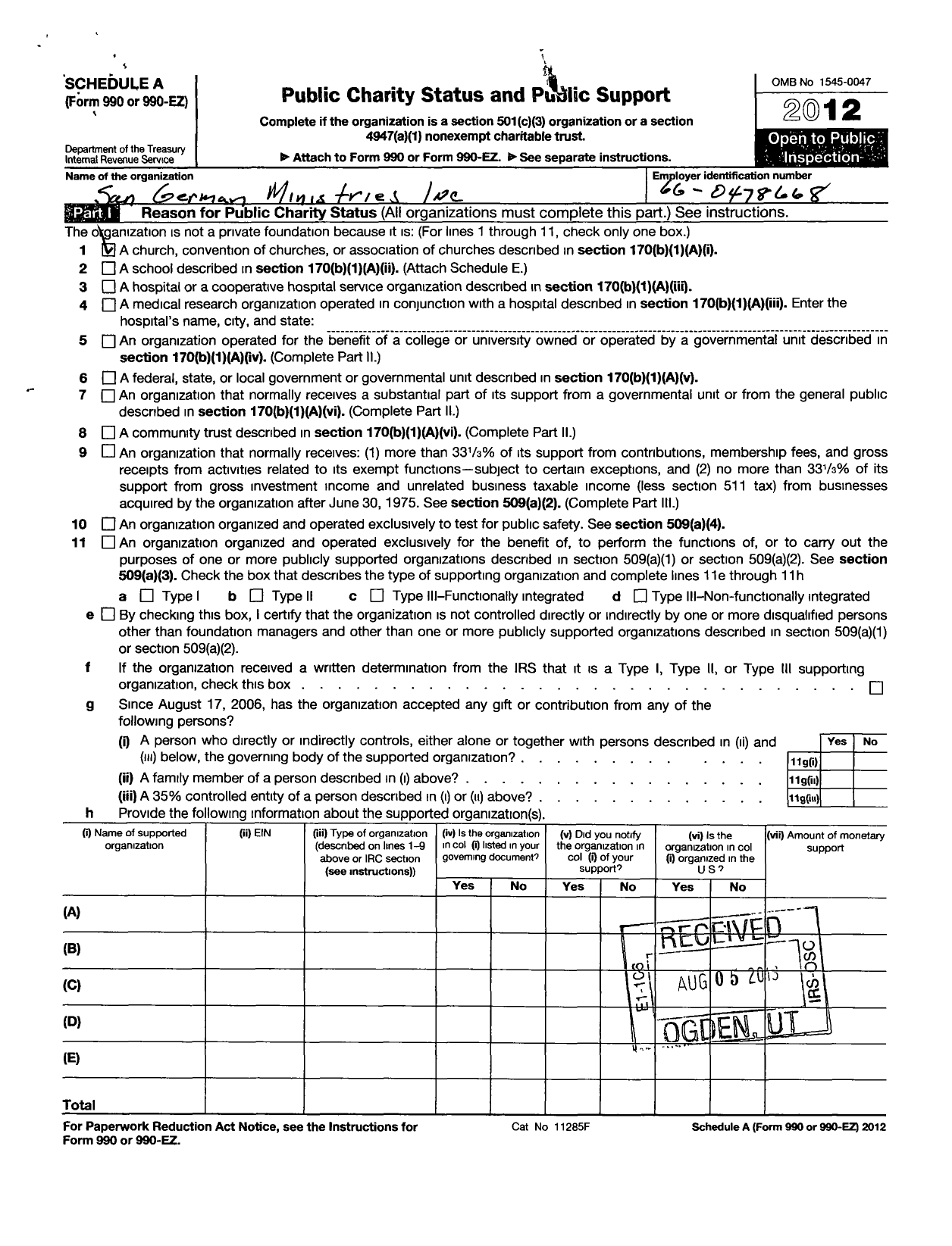 Image of first page of 2012 Form 990R for San German Ministries