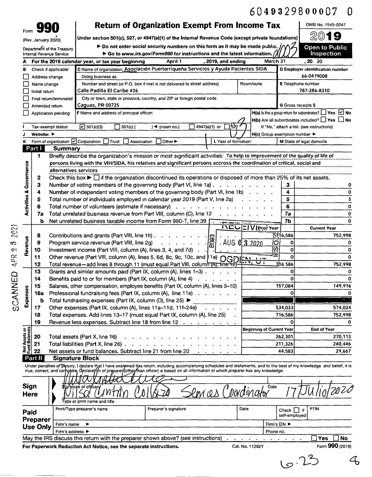 Image of first page of 2019 Form 990 for Asociacion Puertoriquena de Servic Y Ayuda Al Paciente Con Sida