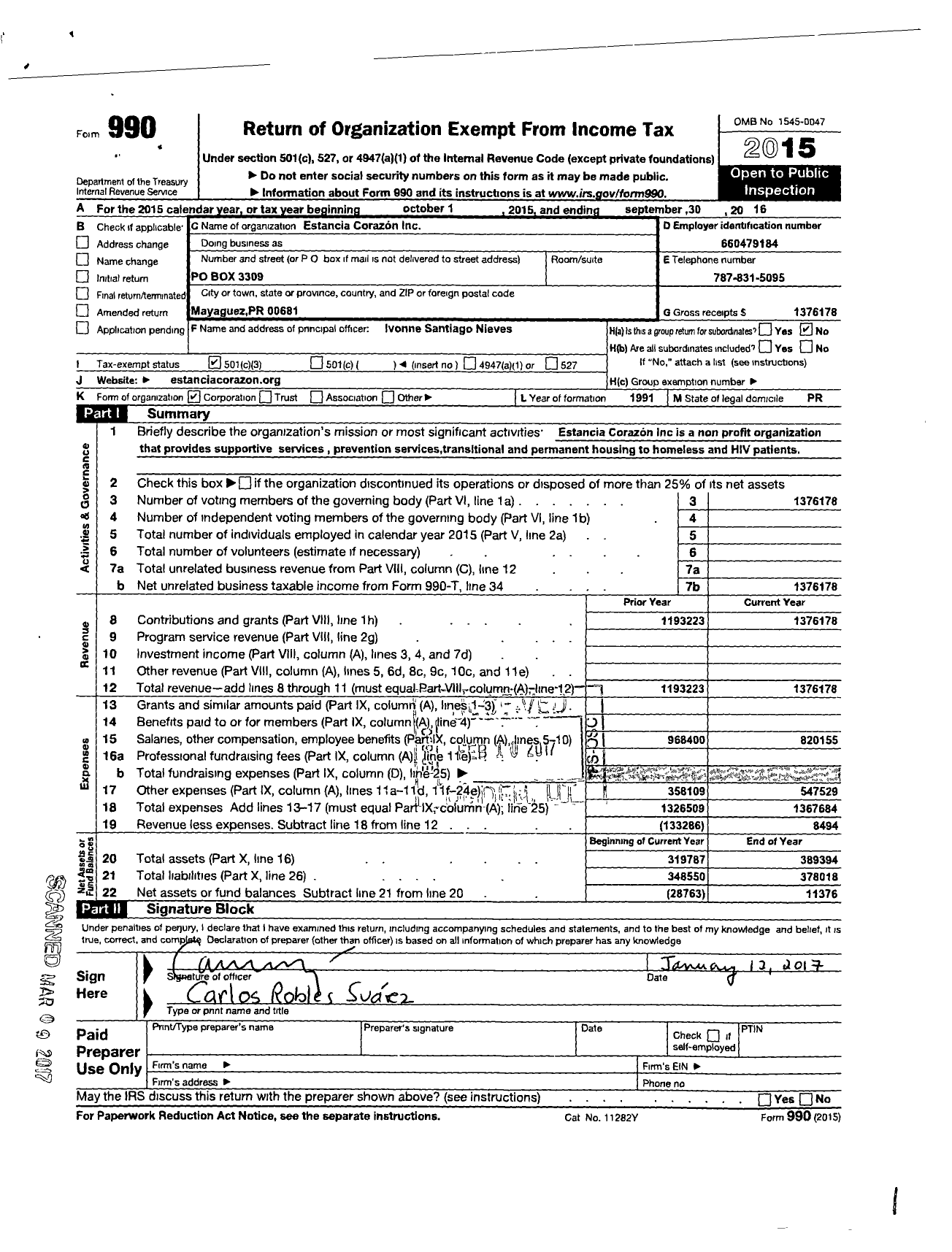 Image of first page of 2015 Form 990 for Estancia Corazon
