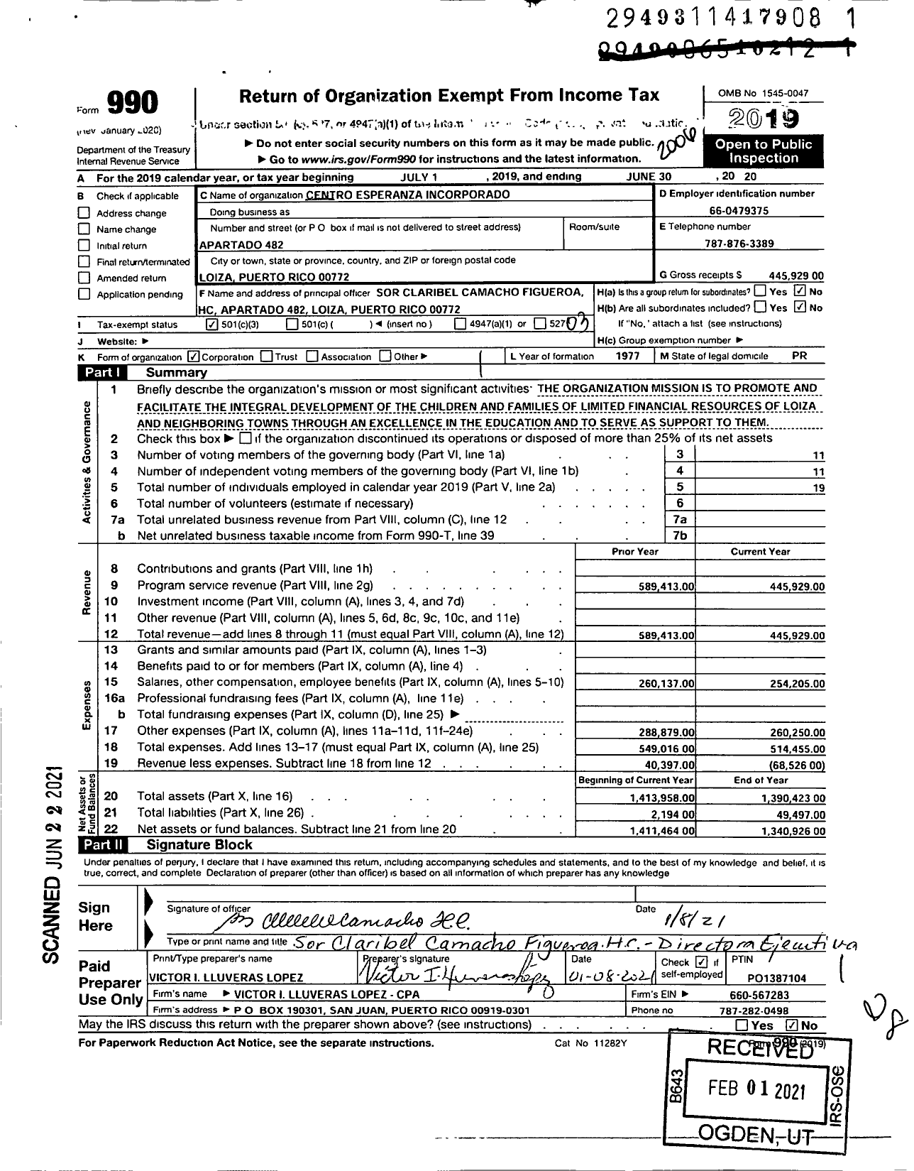 Image of first page of 2019 Form 990 for Centro Esperanza