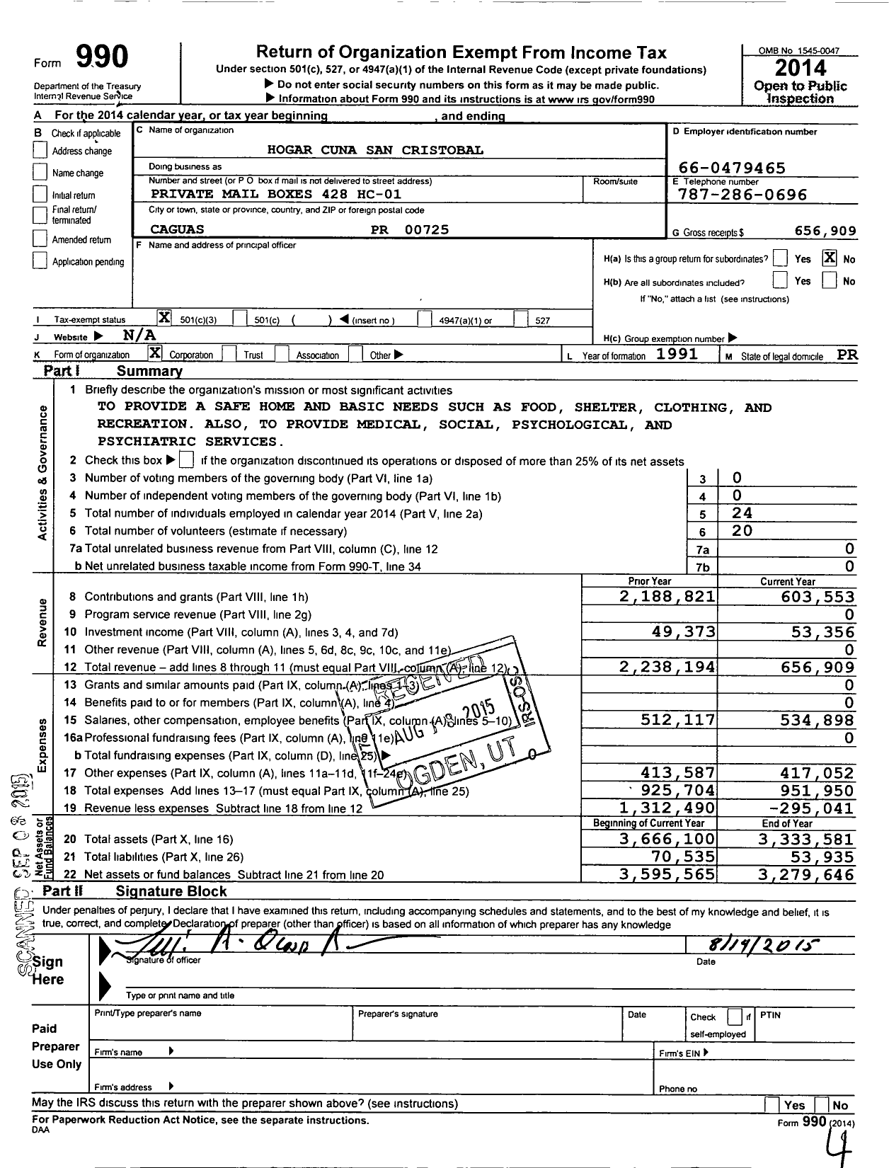 Image of first page of 2014 Form 990 for Hogar Cuna de San Cristobal