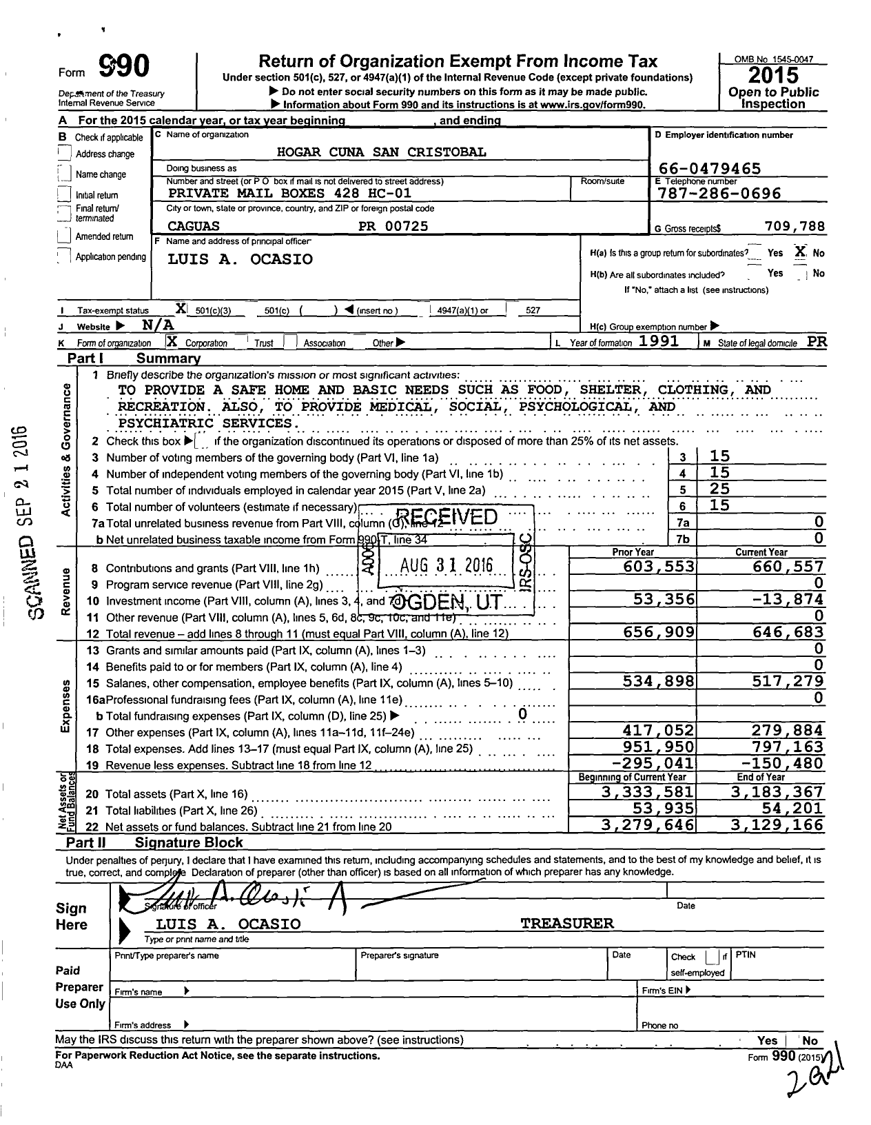 Image of first page of 2015 Form 990 for Hogar Cuna de San Cristobal