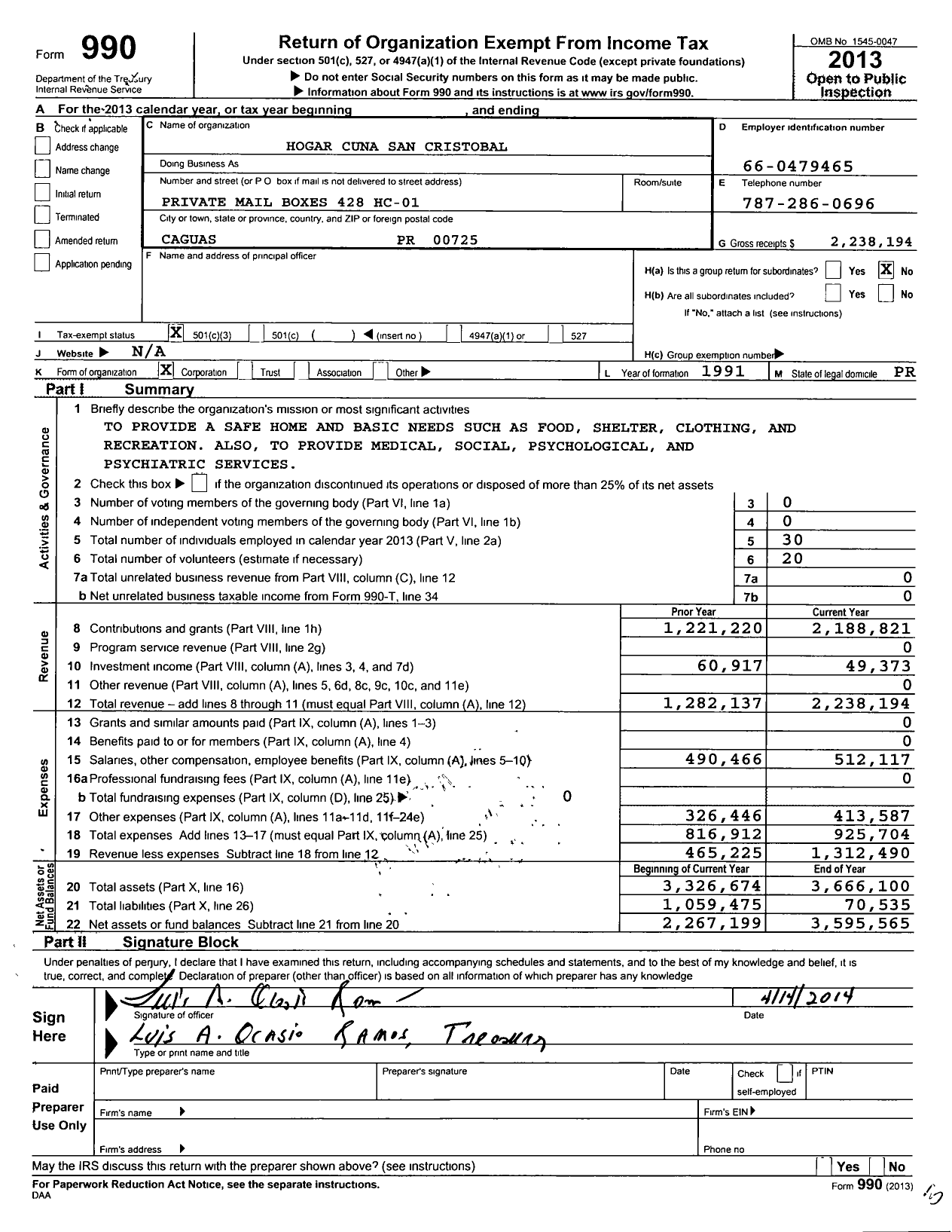 Image of first page of 2013 Form 990 for Hogar Cuna de San Cristobal