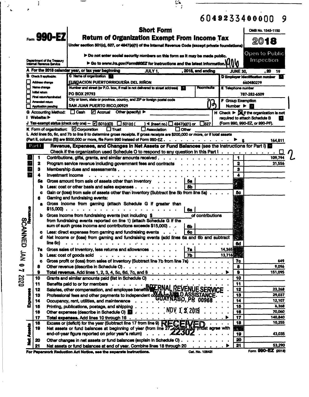 Image of first page of 2018 Form 990EZ for Fundacion Puertorriquena Del Rinon