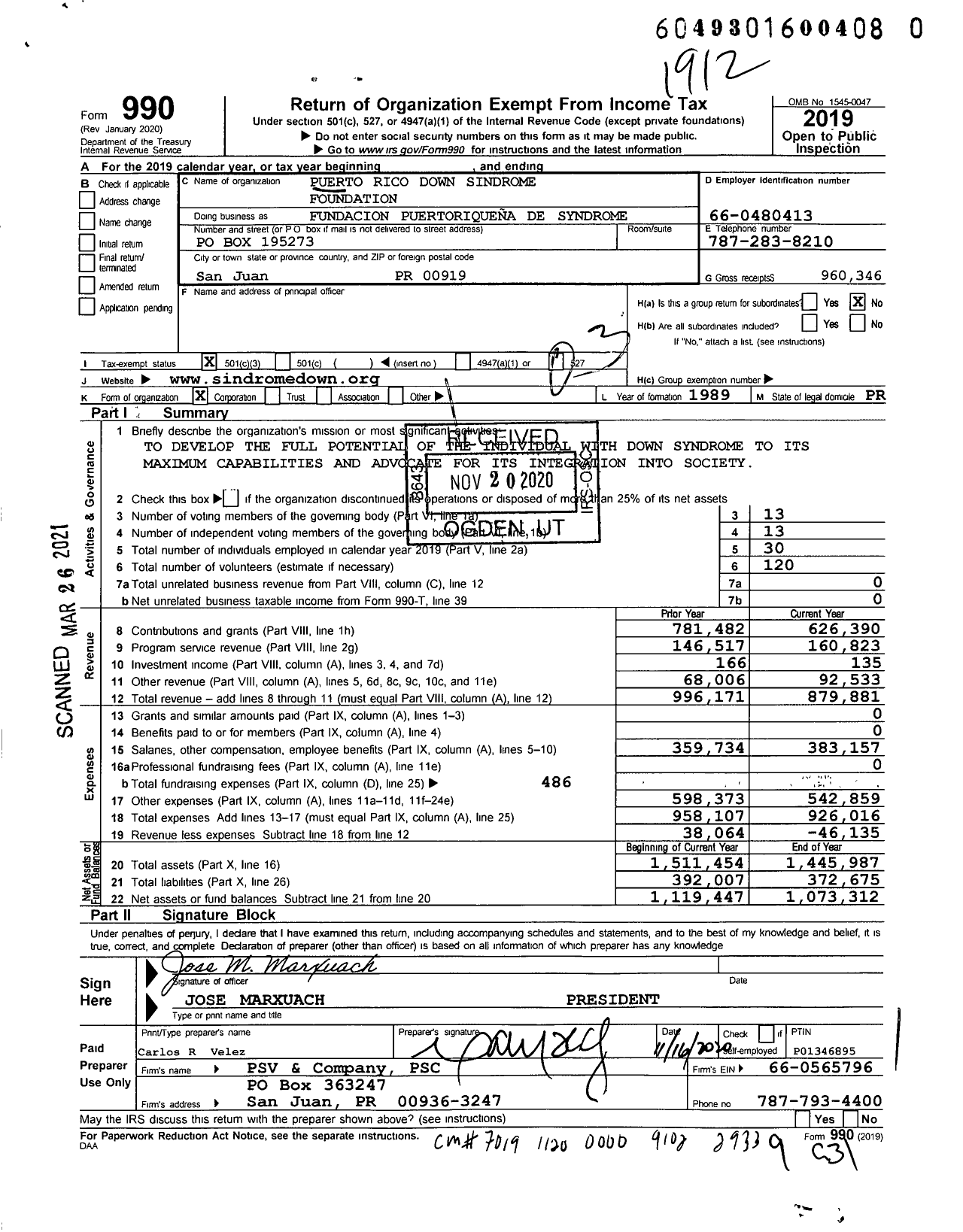 Image of first page of 2019 Form 990 for Fundacion Puertoriquea de Syndrome