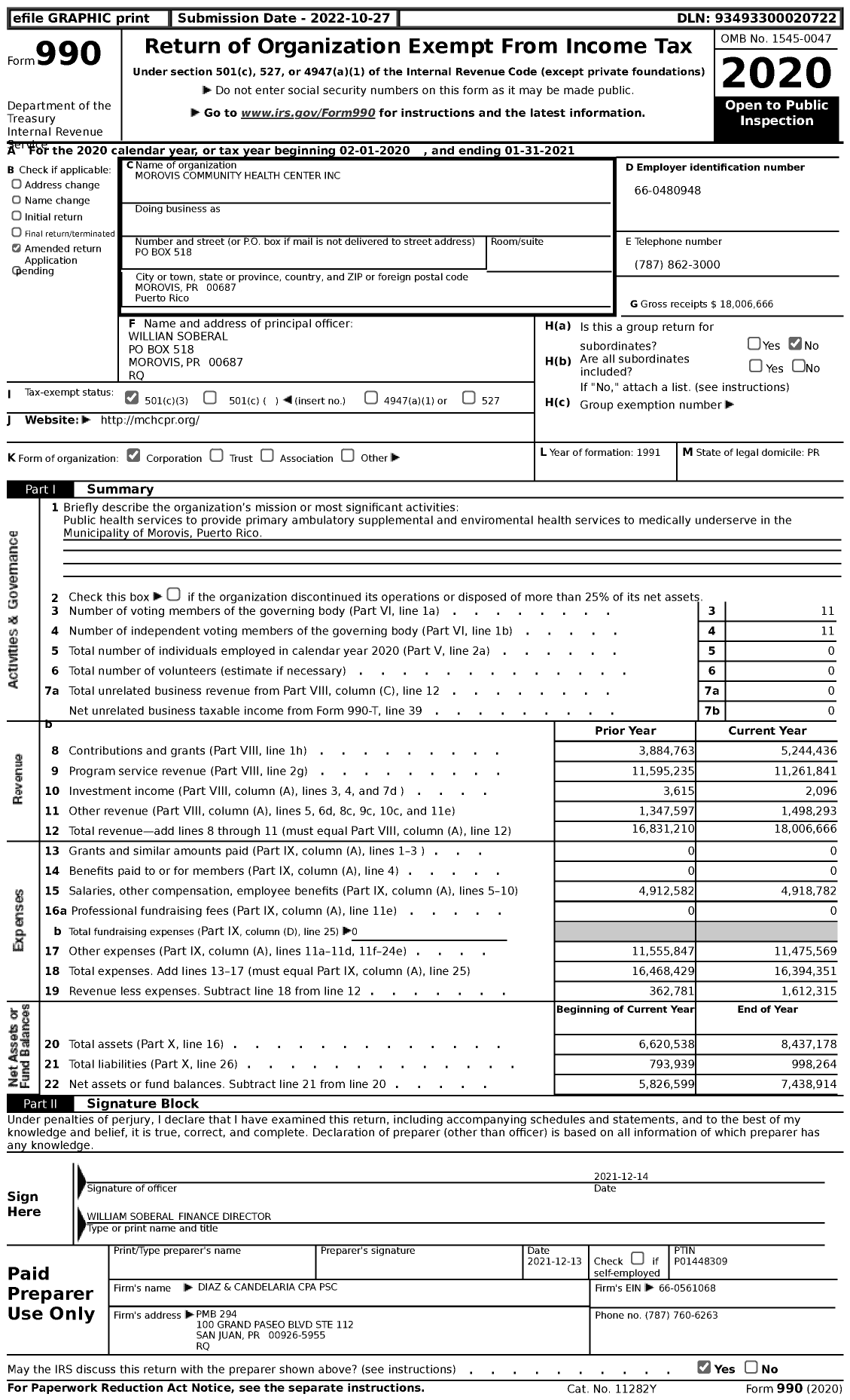 Image of first page of 2020 Form 990 for Morovis Community Health Center