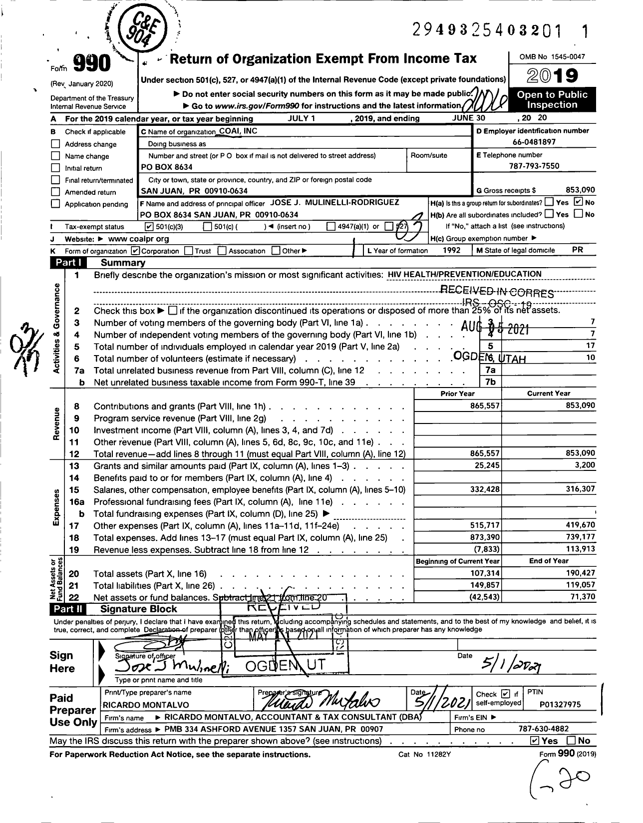 Image of first page of 2019 Form 990 for Coai