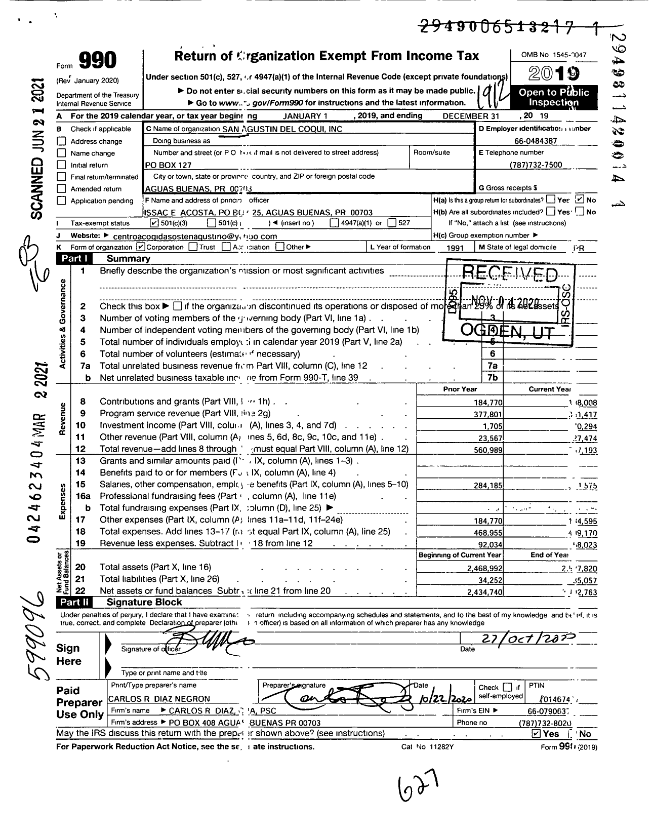 Image of first page of 2019 Form 990 for San Agustin Del Coqui