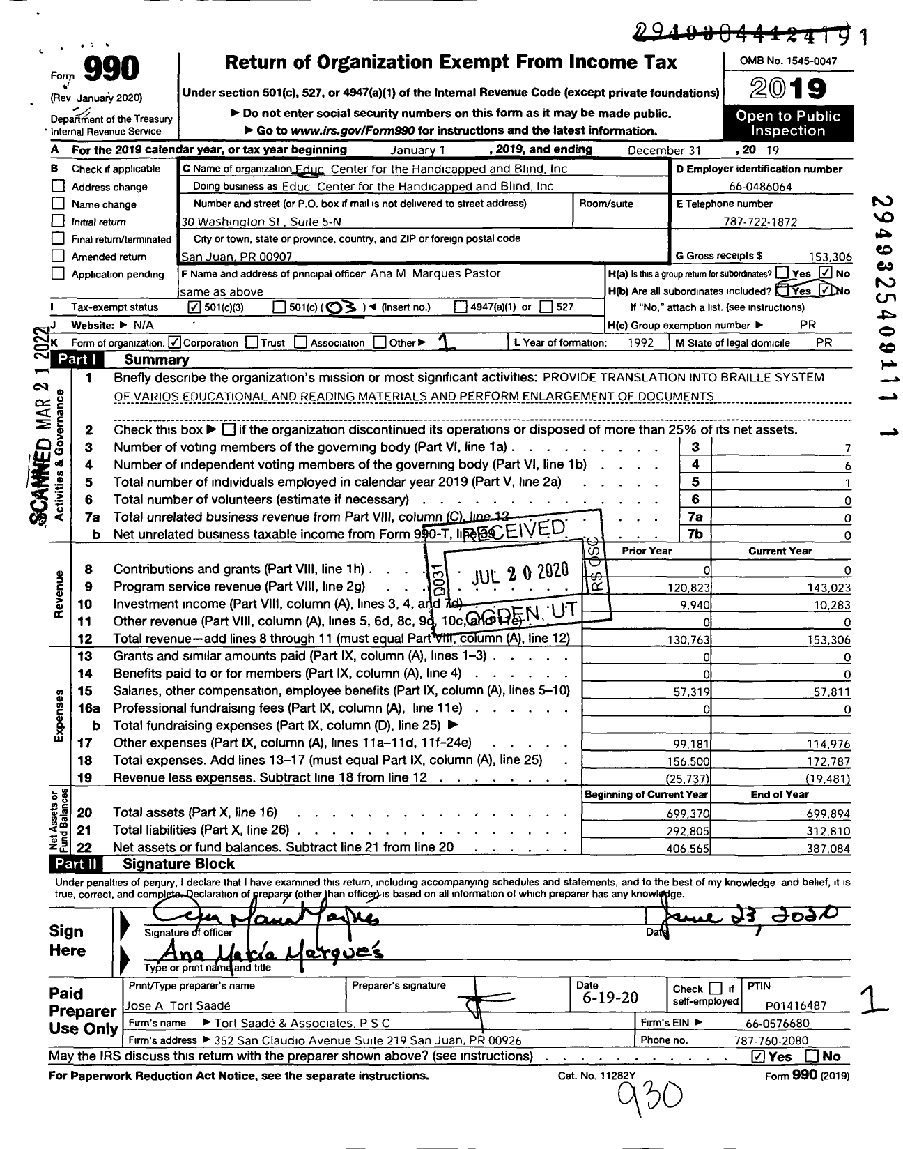 Image of first page of 2019 Form 990 for Educational Center for the Blind and the Handicapped of Puerto Rico