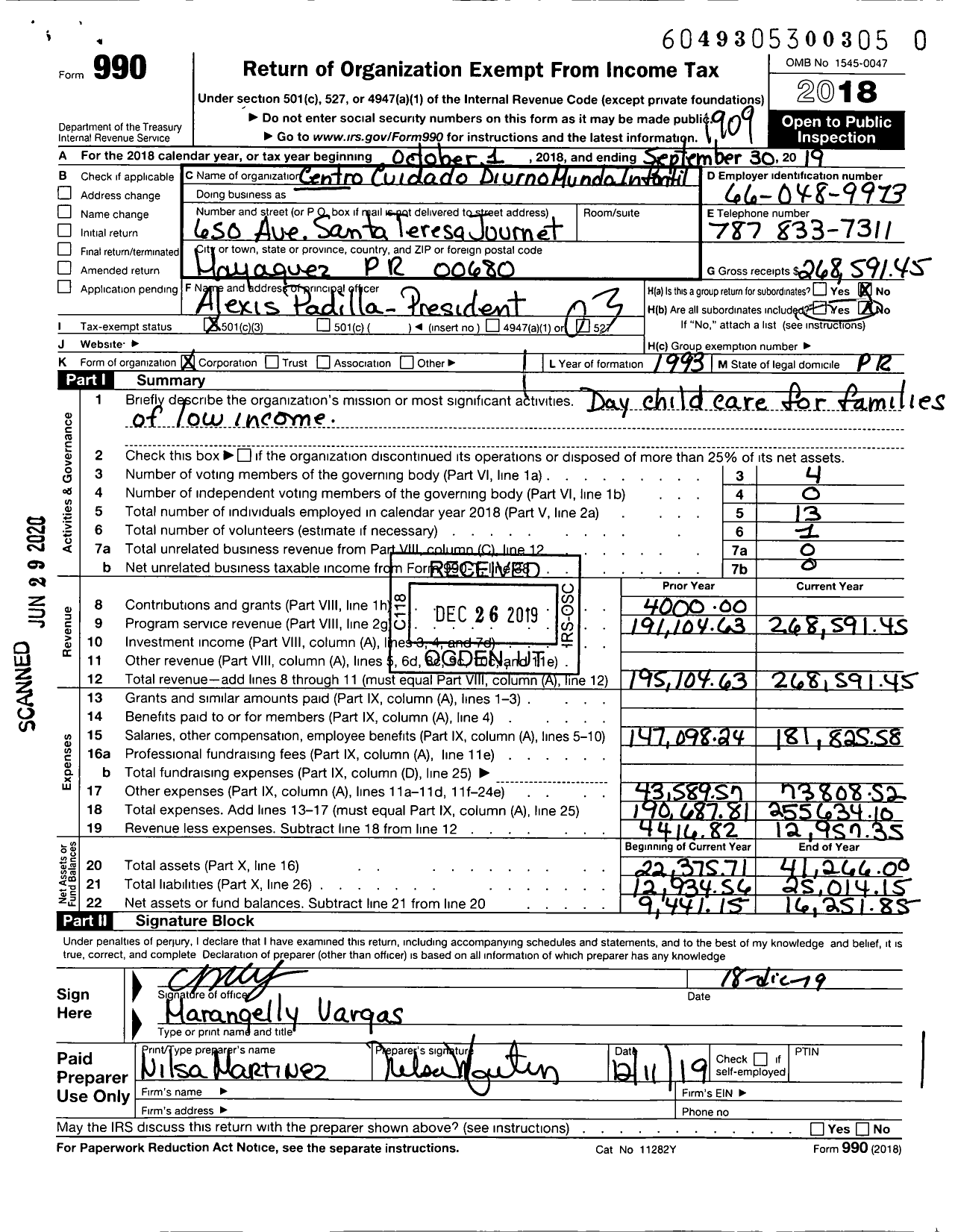 Image of first page of 2018 Form 990 for Centro de Cuidado Diurno Mundo Infantl