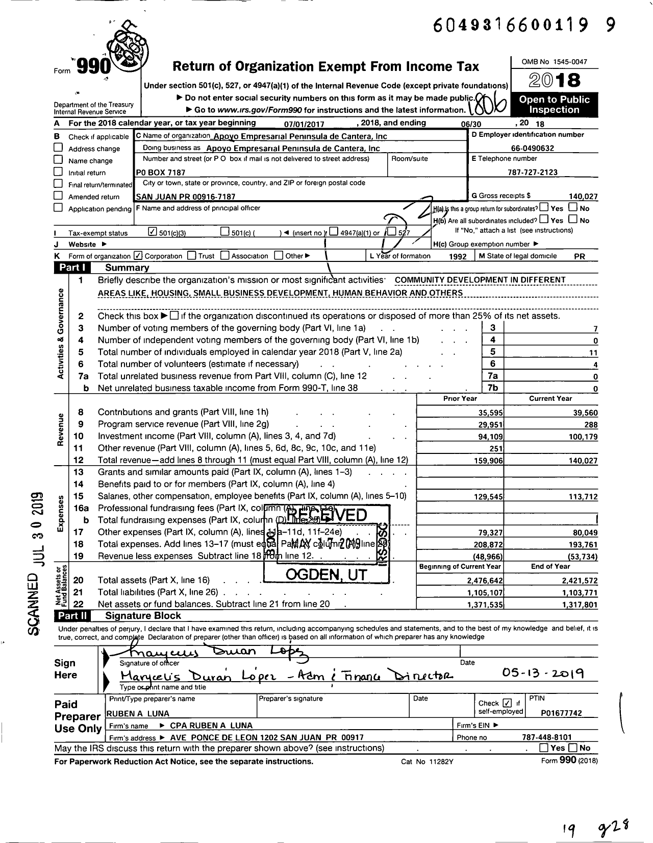 Image of first page of 2017 Form 990 for Apoyo Empresarial Peninsula de Cantera Inc Apoyo Empresarial Peninsula de Cantera