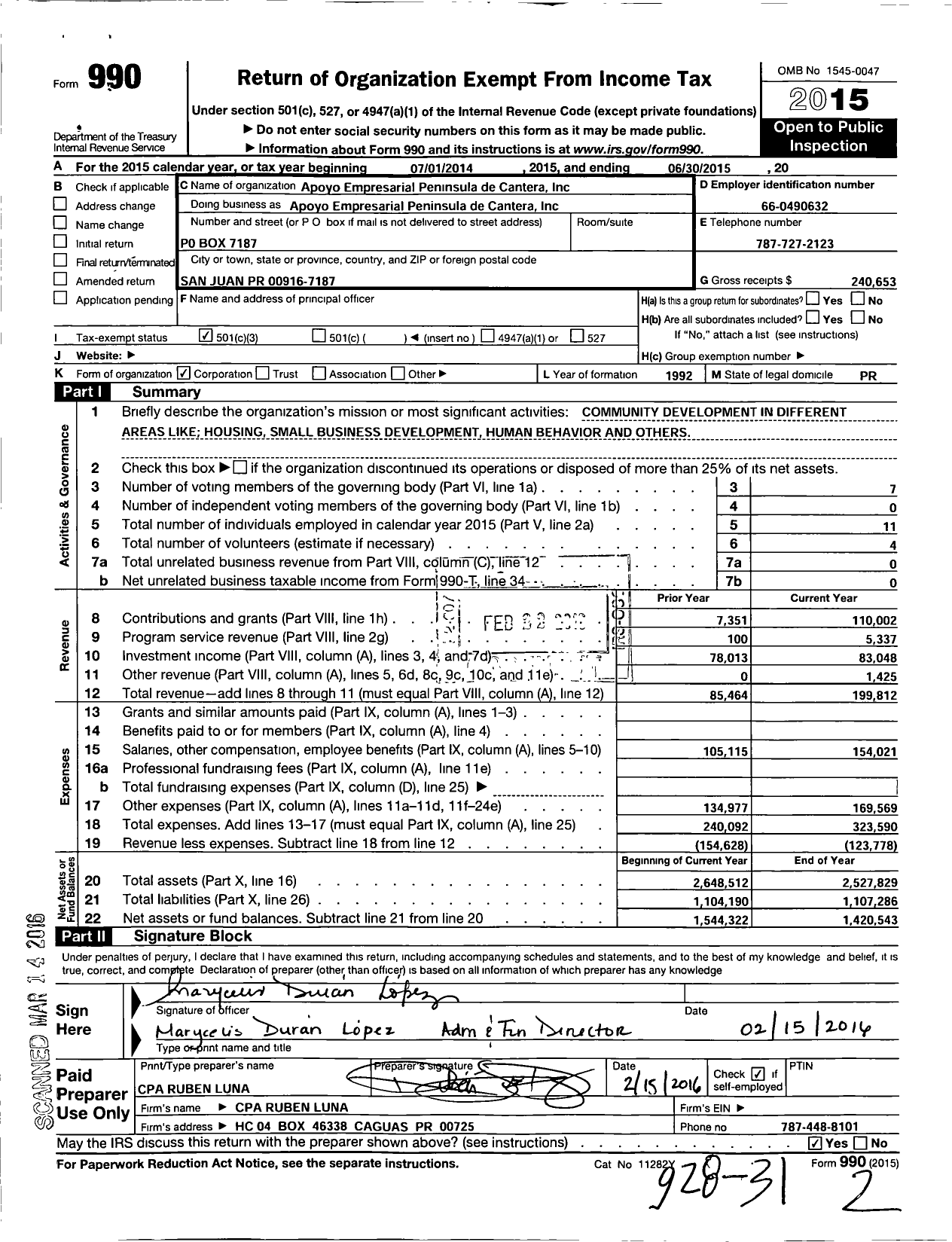 Image of first page of 2014 Form 990 for Apoyo Empresarial Peninsula de Cantera Inc Apoyo Empresarial Peninsula de Cantera