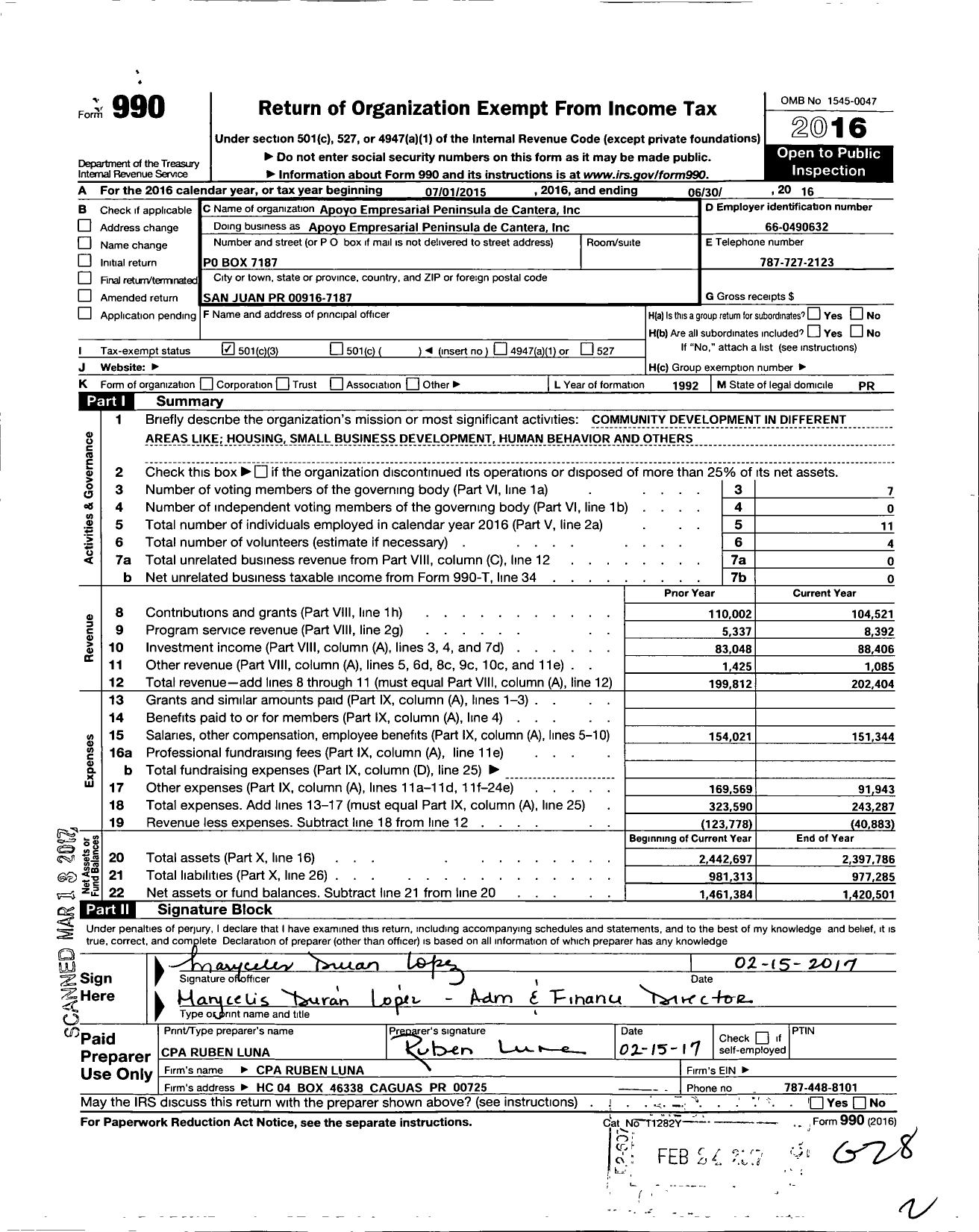 Image of first page of 2015 Form 990 for Apoyo Empresarial Peninsula de Cantera Inc Apoyo Empresarial Peninsula de Cantera