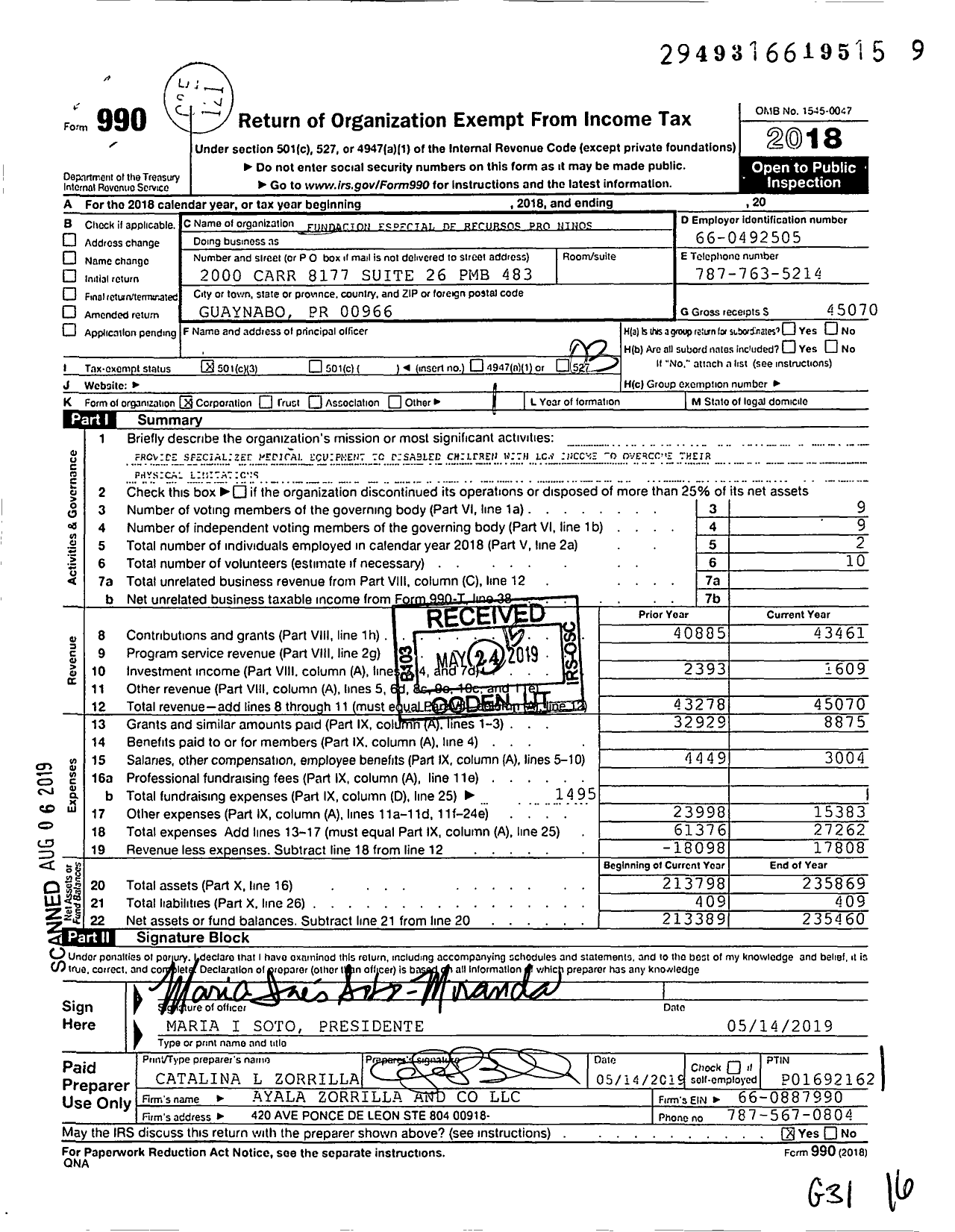 Image of first page of 2018 Form 990 for Fundacion Especial de Recursos Pro Ninos