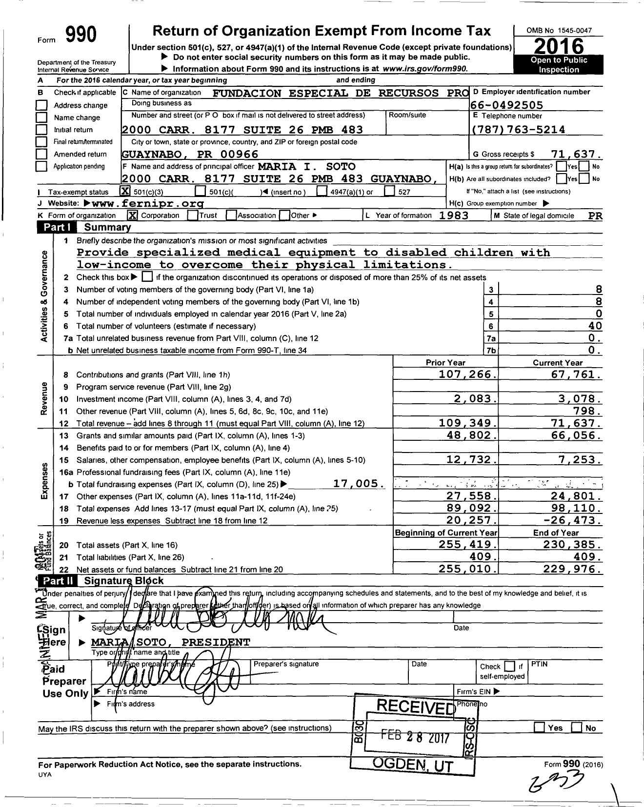 Image of first page of 2016 Form 990 for Fundacion Especial de Recursos Pro Ninos