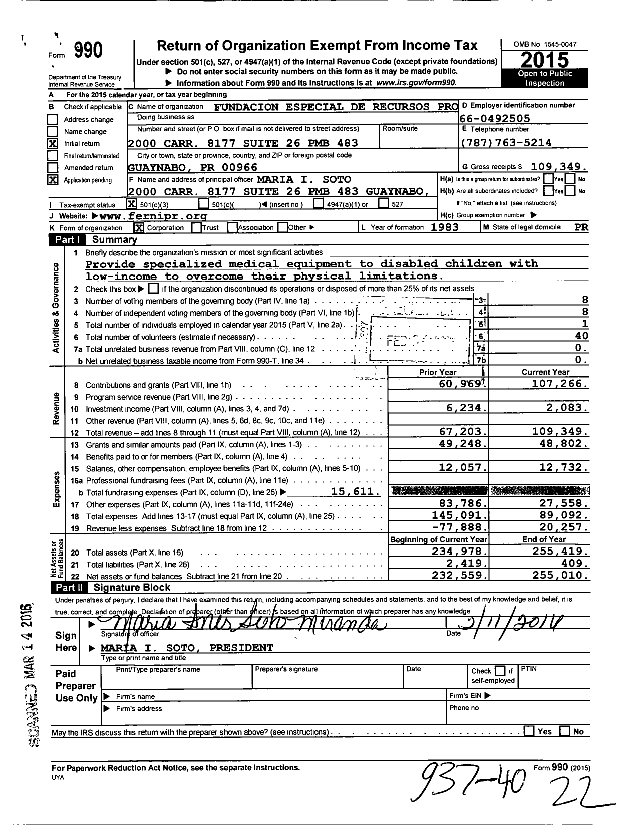 Image of first page of 2015 Form 990 for Fundacion Especial de Recursos Pro Ninos