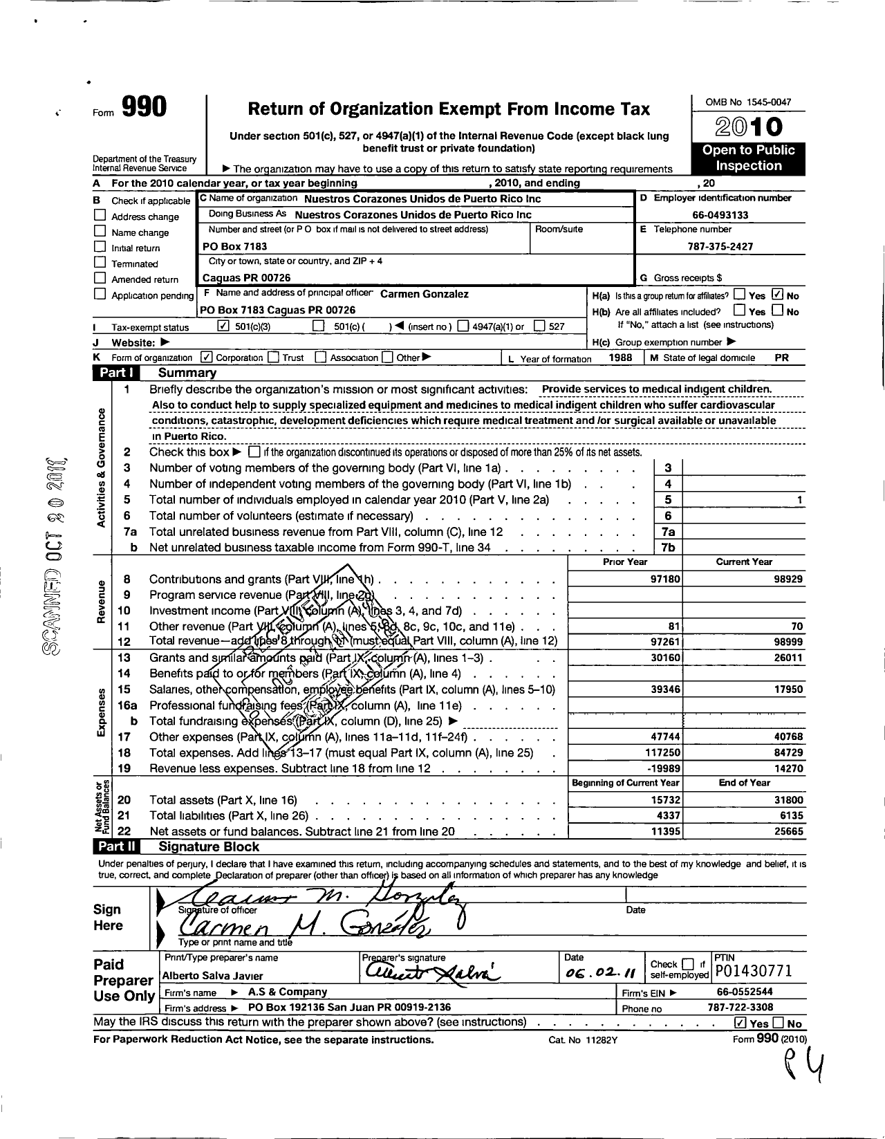 Image of first page of 2010 Form 990 for Nuestros Corazones Unidos de Puerto Rico
