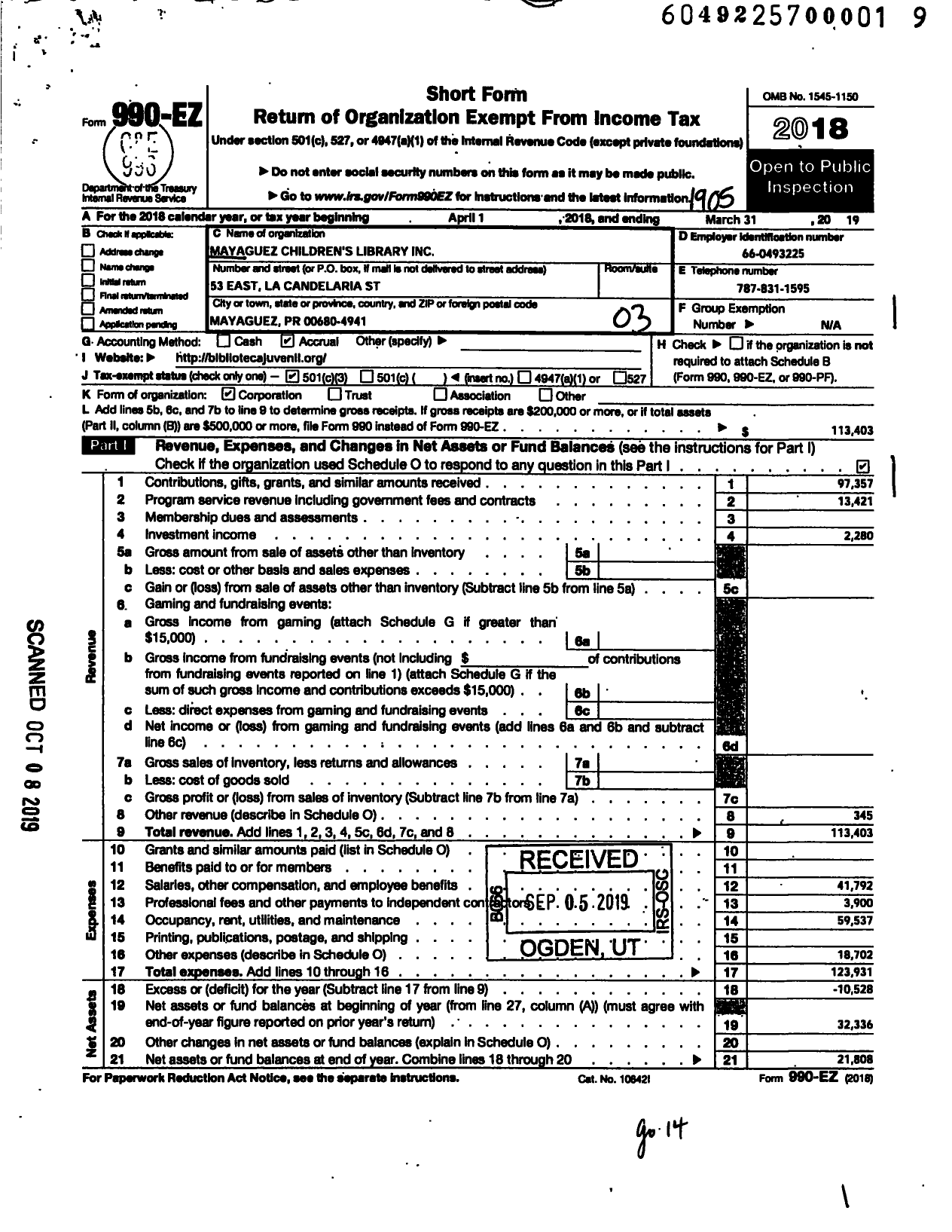 Image of first page of 2018 Form 990EZ for Mayaguez Children's Library 53 East La Candelaria St