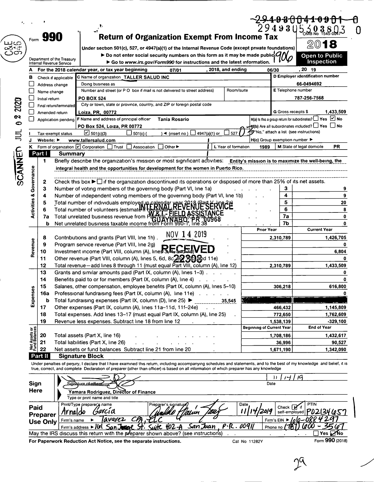 Image of first page of 2018 Form 990 for Taller Salud