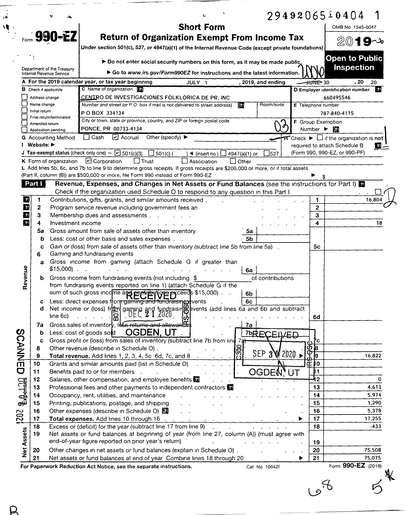 Image of first page of 2019 Form 990EZ for Centro de Investigaciones Folkloricas de Puerto Rico