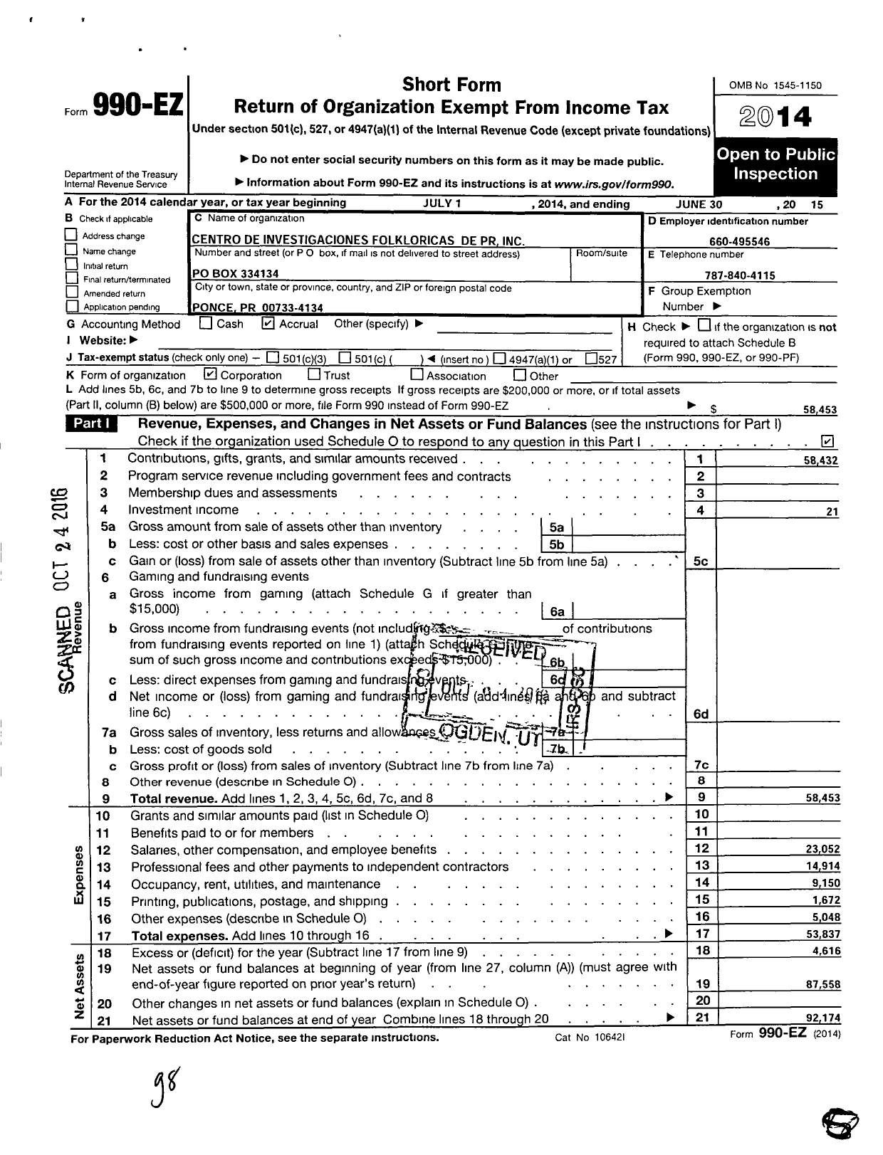 Image of first page of 2014 Form 990EO for Centro de Investigaciones Folkloricas de Puerto Rico