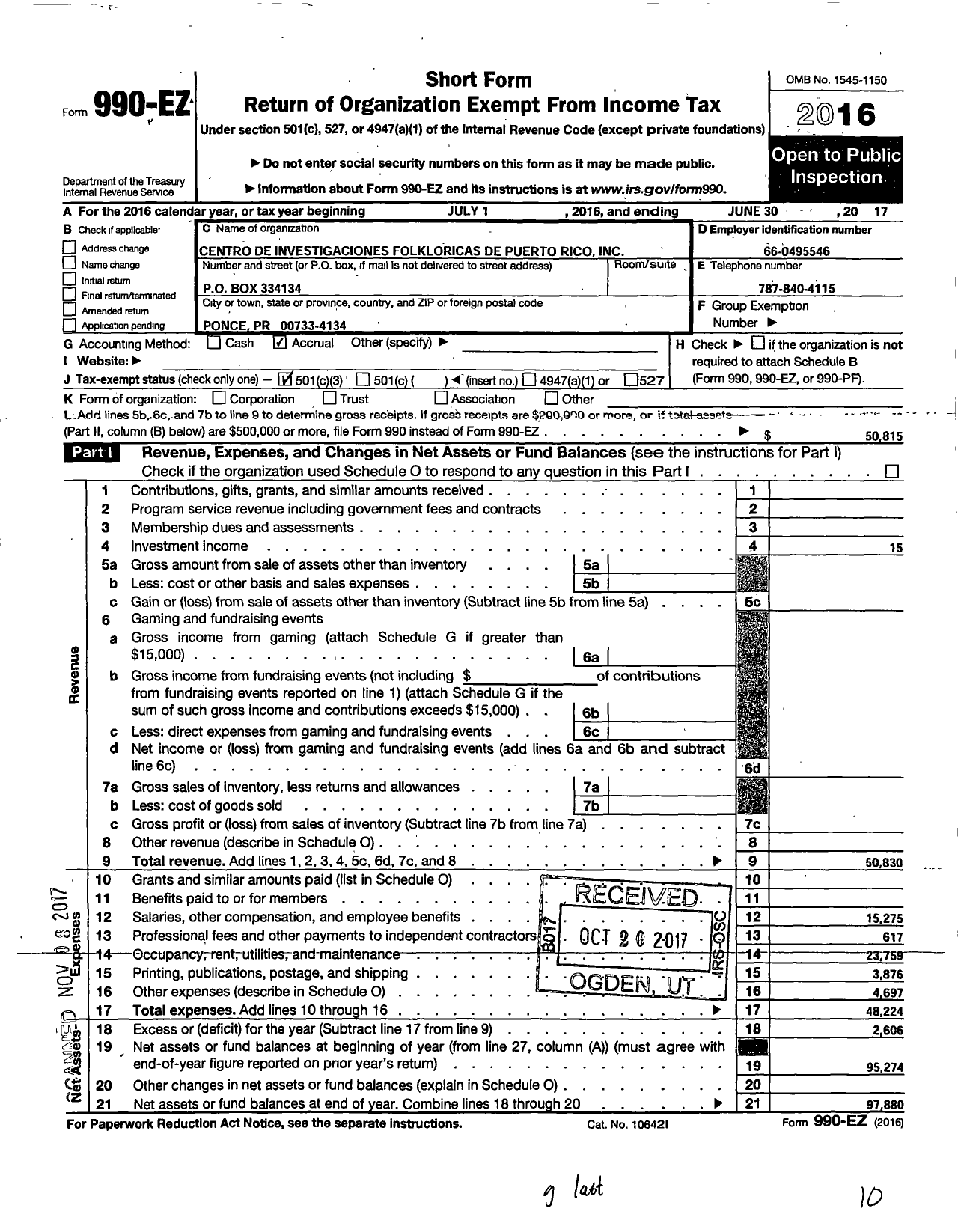 Image of first page of 2016 Form 990EZ for Centro de Investigaciones Folkloricas de Puerto Rico