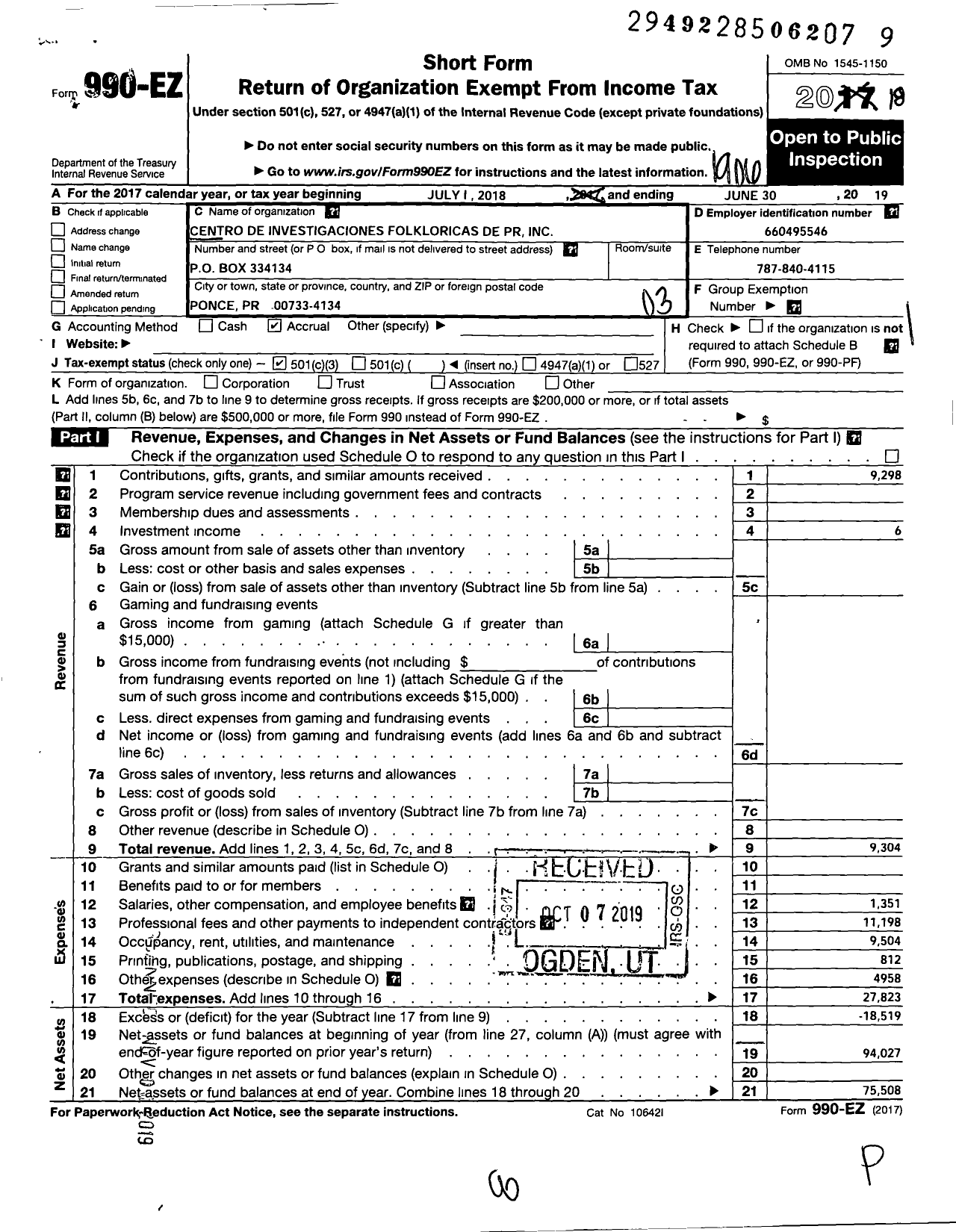 Image of first page of 2018 Form 990EZ for Centro de Investigaciones Folkloricas de Puerto Rico