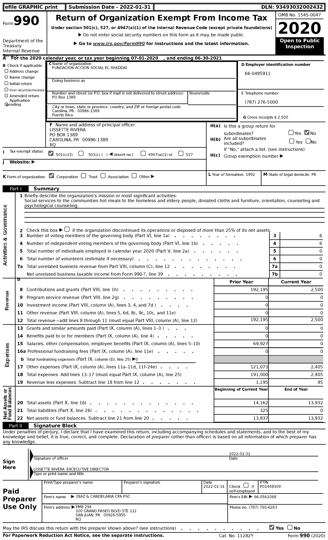 Image of first page of 2020 Form 990 for Fundacion Accion Social El Shaddai