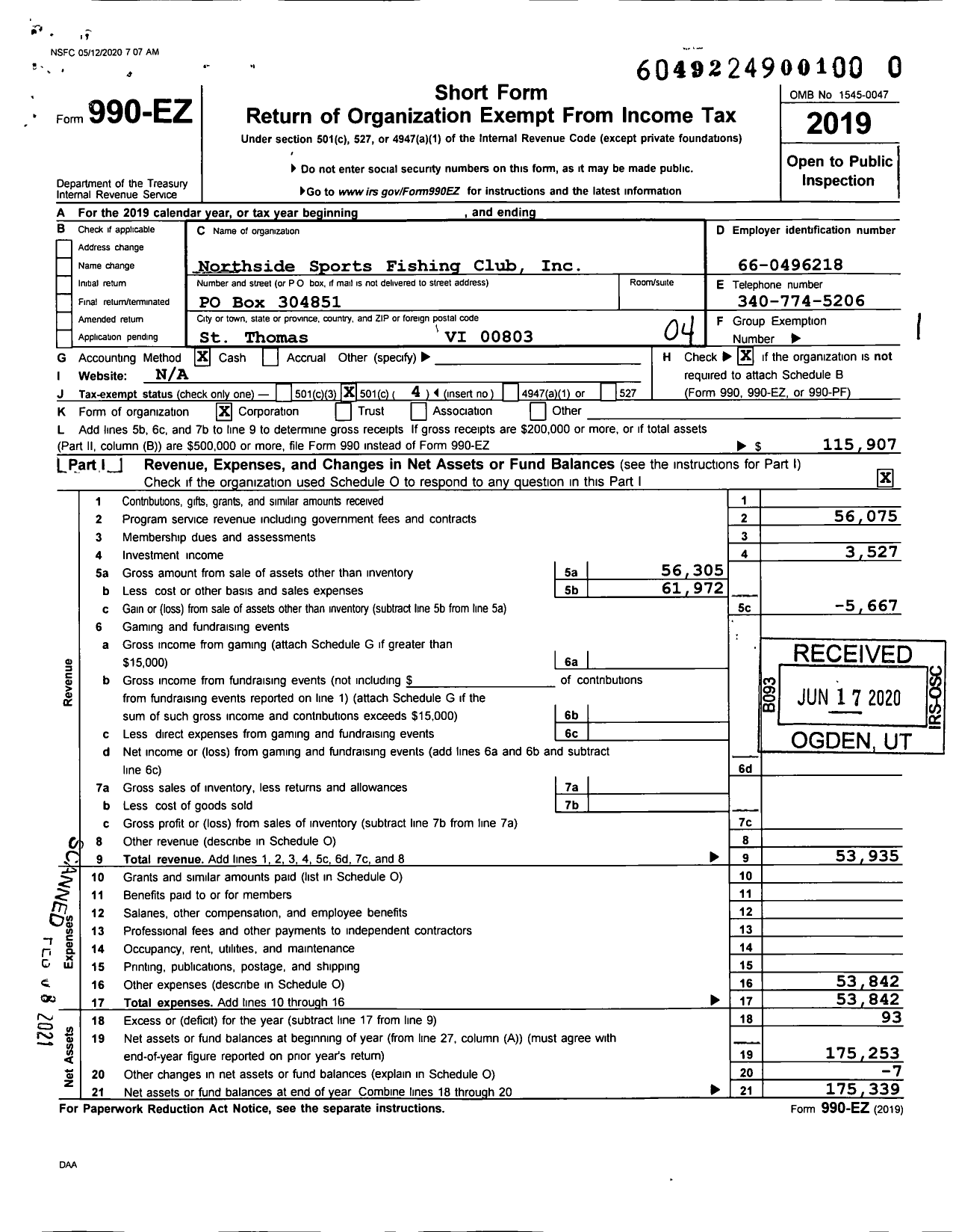 Image of first page of 2019 Form 990EO for Northside Sports Fishing Club