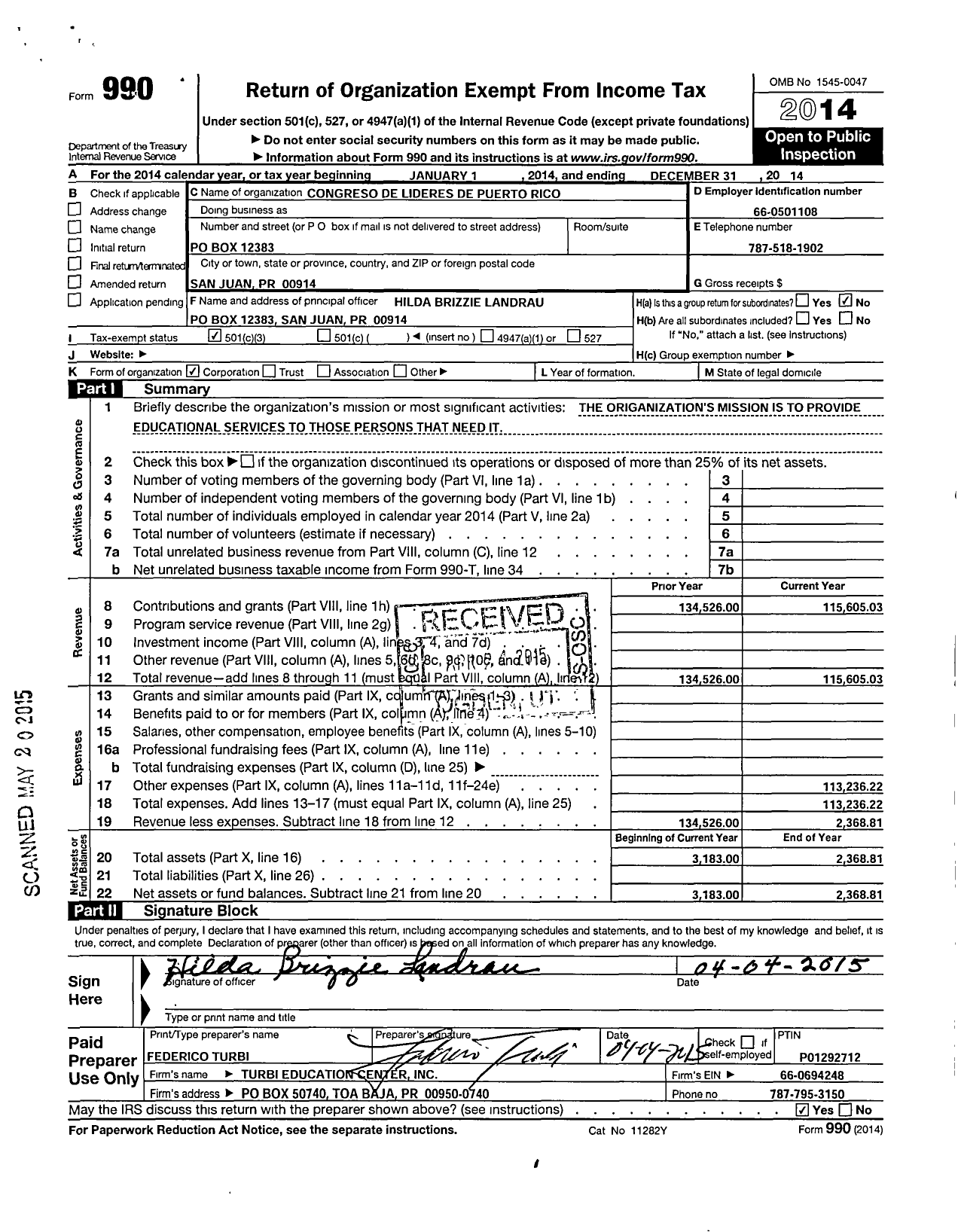 Image of first page of 2014 Form 990 for Congreso de Lideres de Puerto