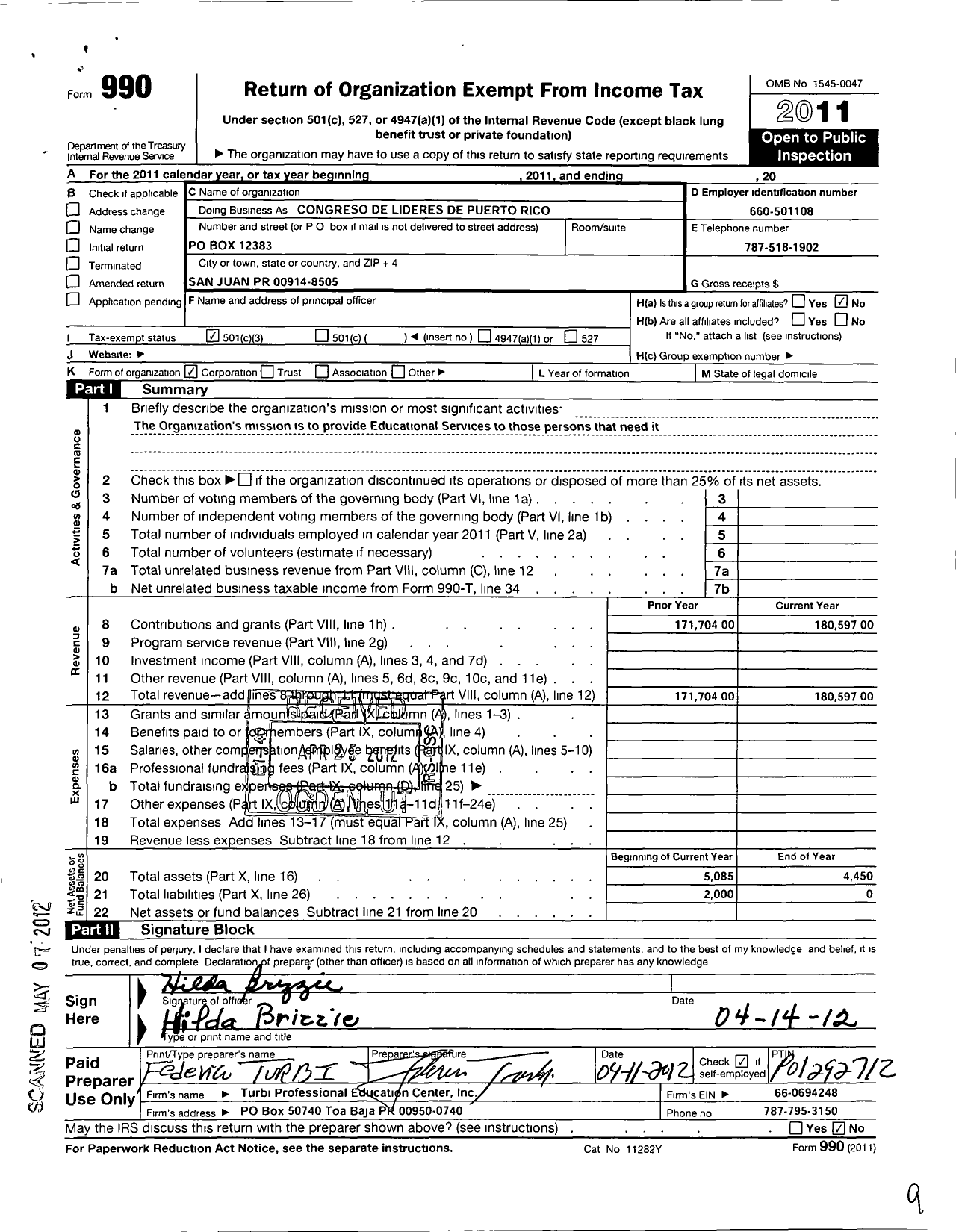 Image of first page of 2011 Form 990 for Congreso de Lideres de Puerto