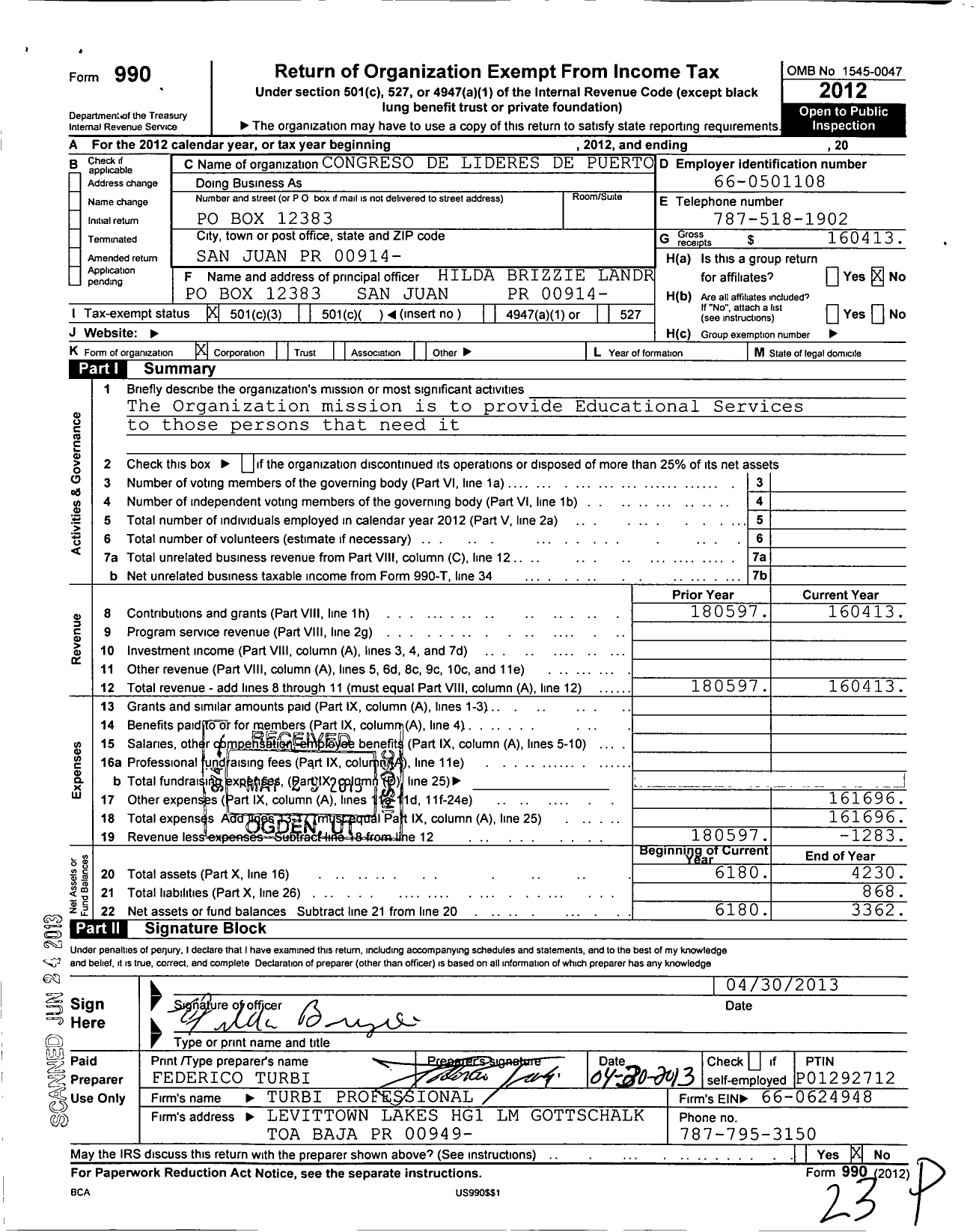 Image of first page of 2012 Form 990 for Congreso de Lideres de Puerto