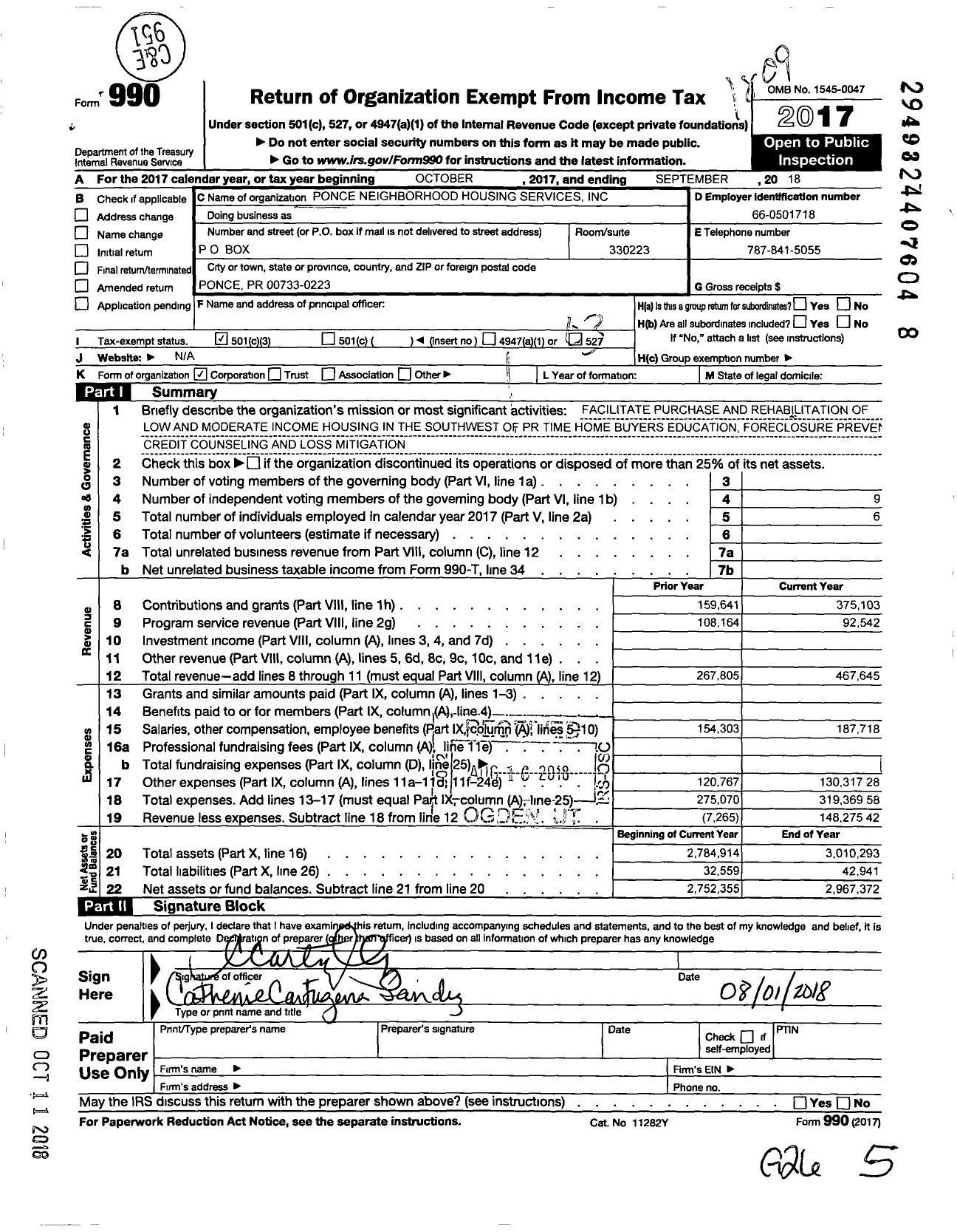 Image of first page of 2017 Form 990 for Ponce Neighborhood Housing Services (PNHS)