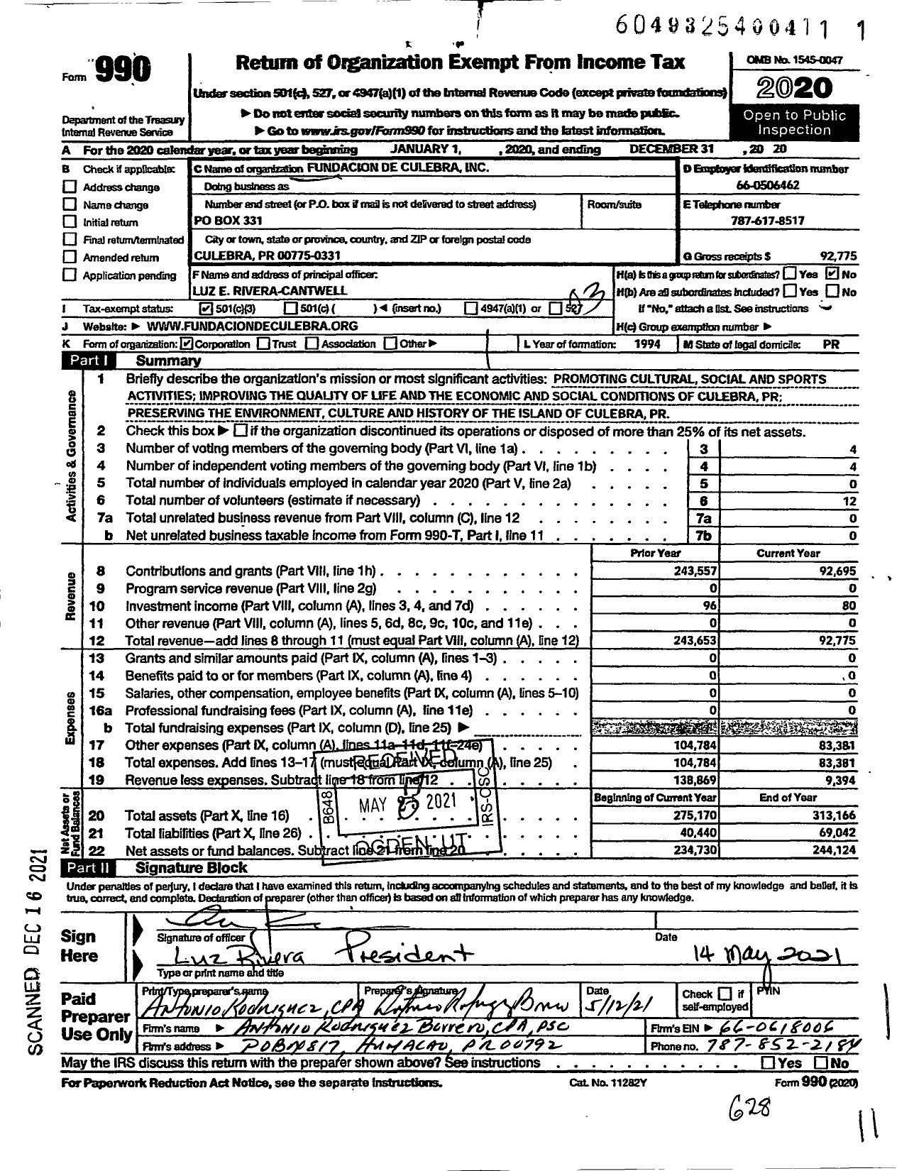 Image of first page of 2020 Form 990 for Fundacion de Culebra