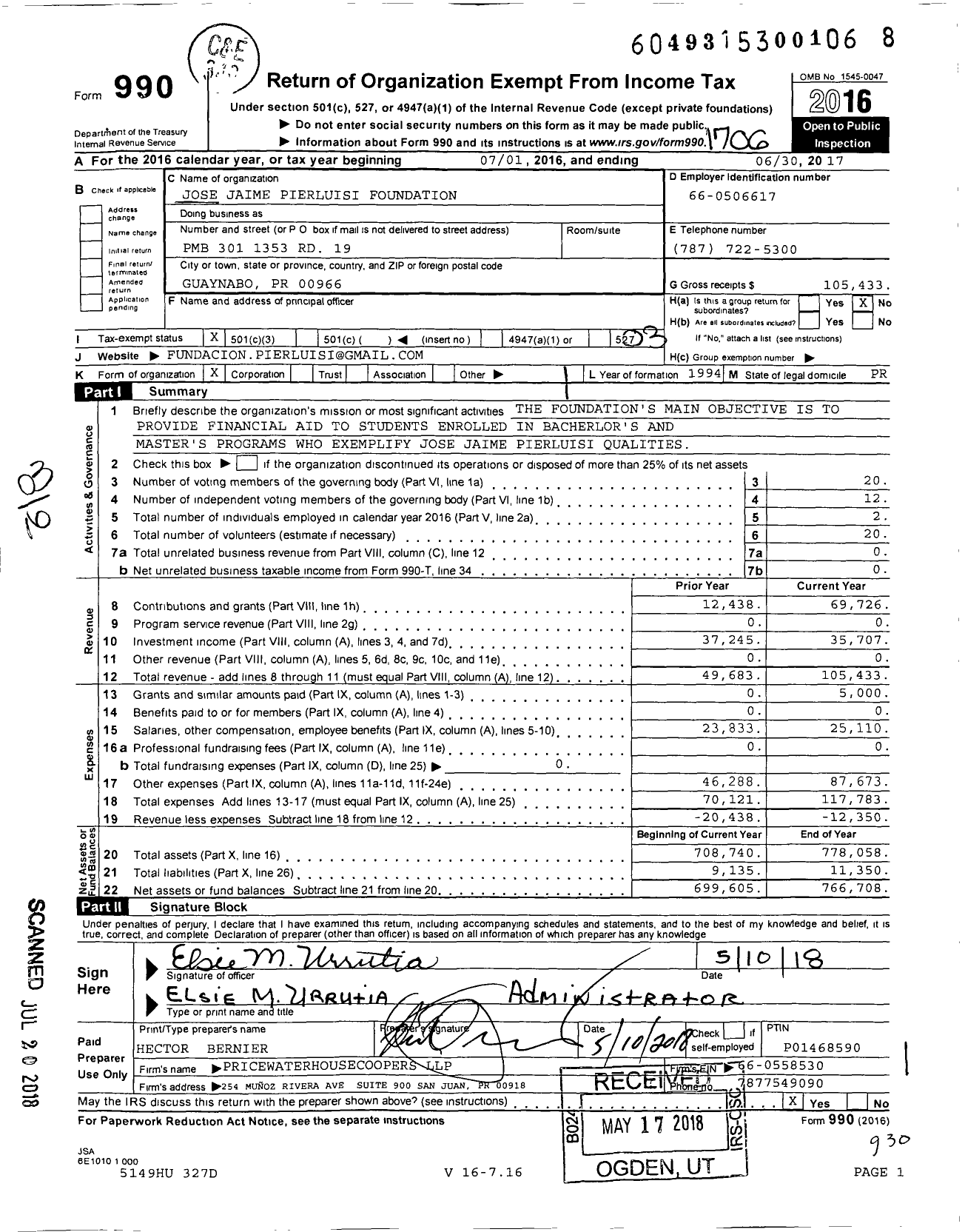 Image of first page of 2016 Form 990 for Jose Jaime Pierluisi Foundation
