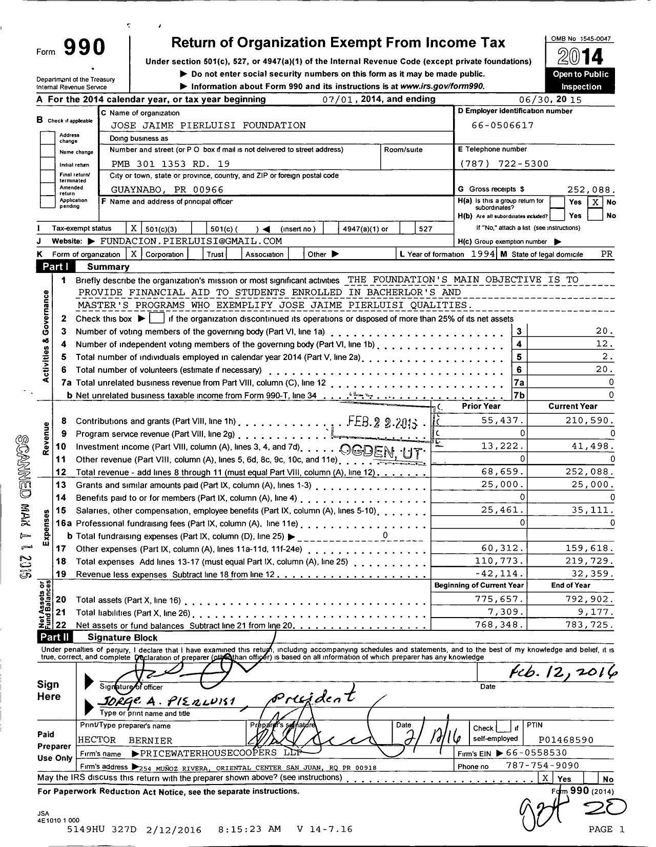 Image of first page of 2014 Form 990 for Jose Jaime Pierluisi Foundation