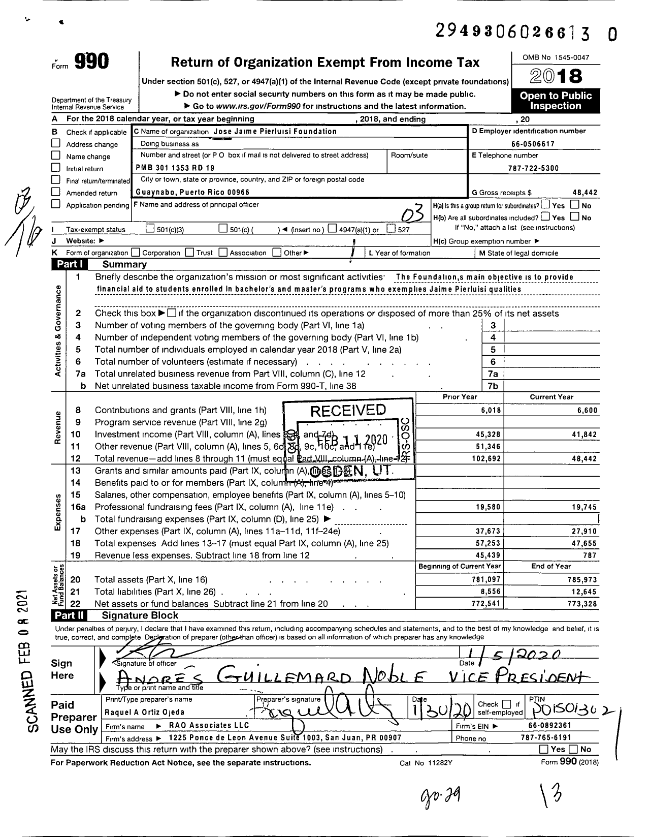 Image of first page of 2018 Form 990 for Jose Jaime Pierluisi Foundation