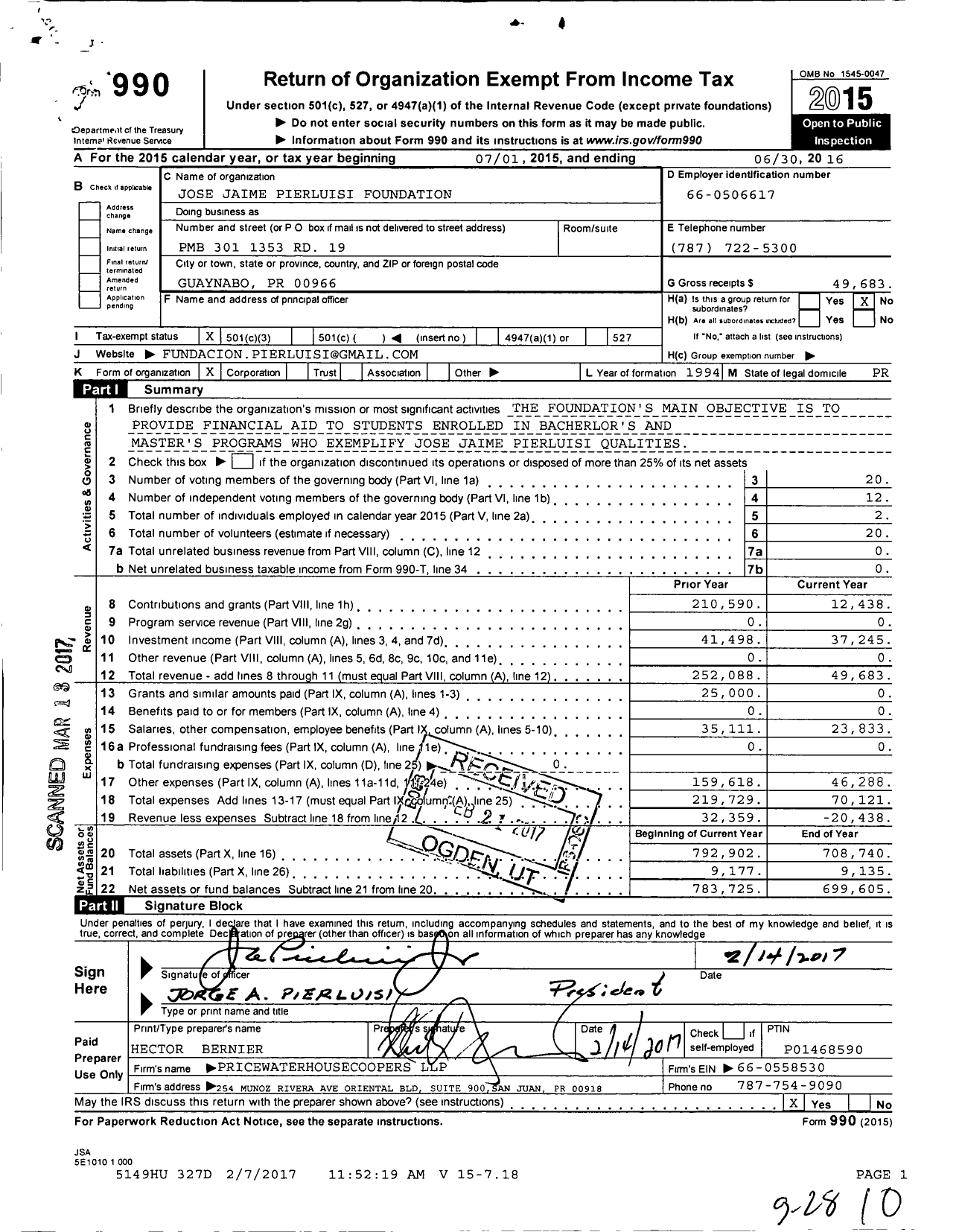 Image of first page of 2015 Form 990 for Jose Jaime Pierluisi Foundation
