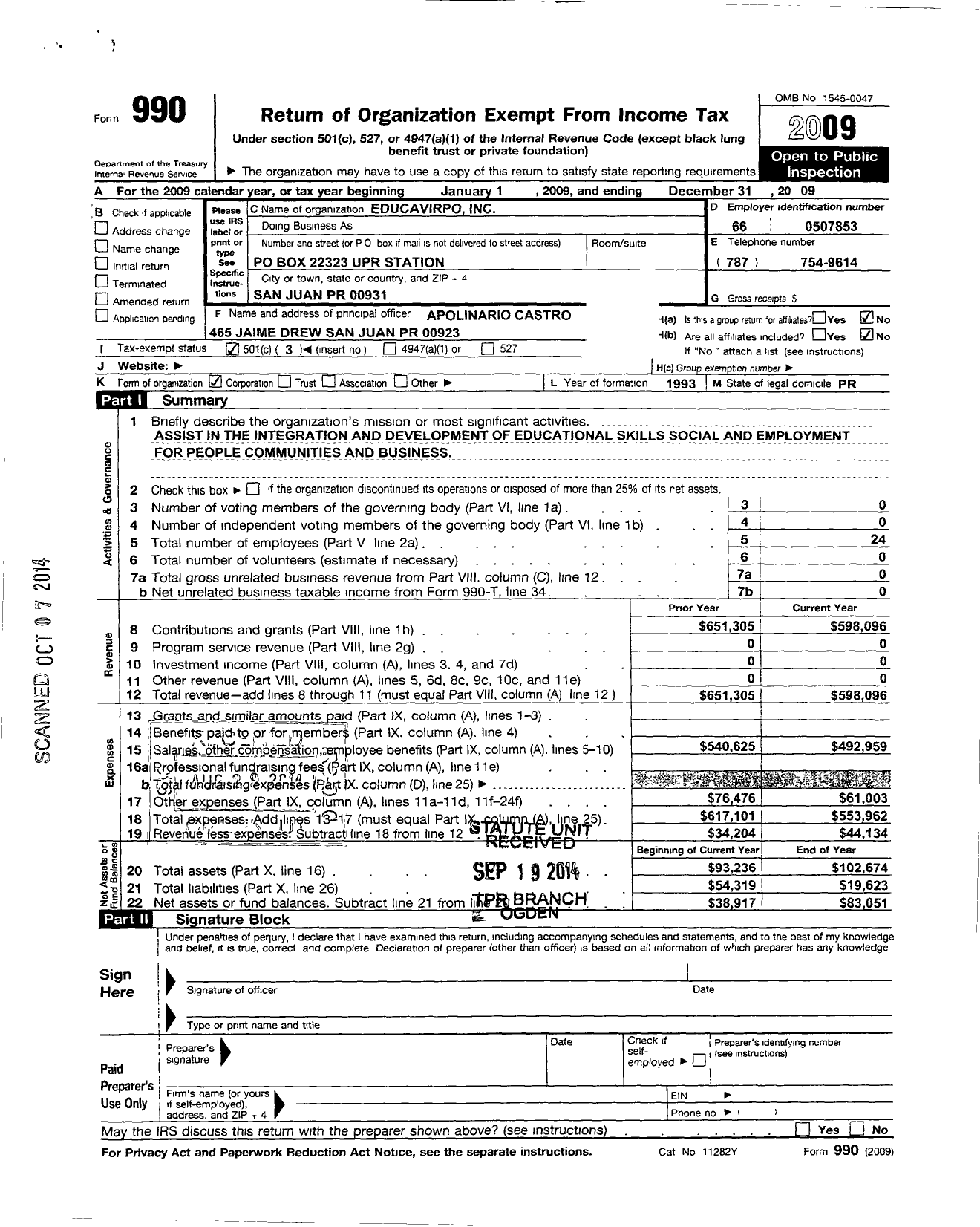 Image of first page of 2009 Form 990 for Educavirpo