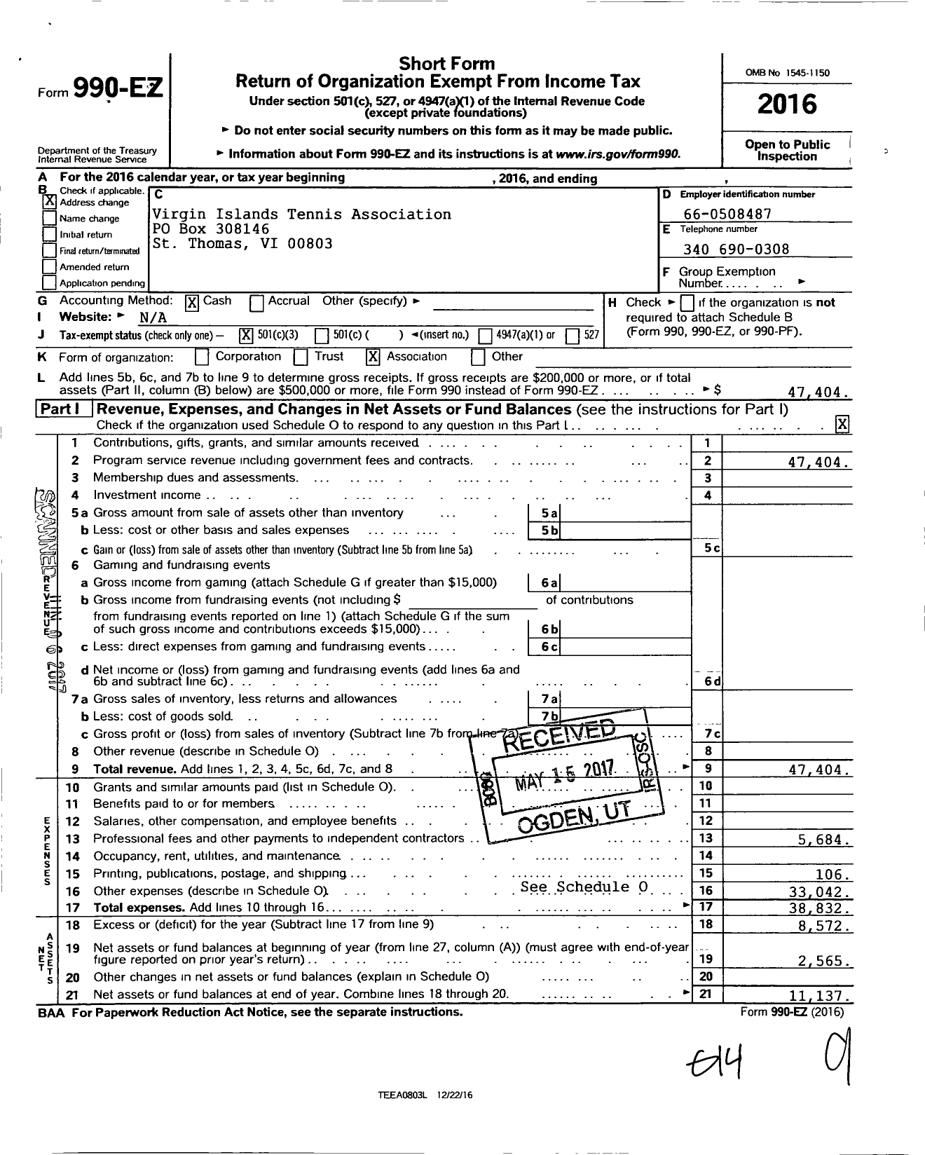 Image of first page of 2016 Form 990EZ for Virgin Islands Tennis Association