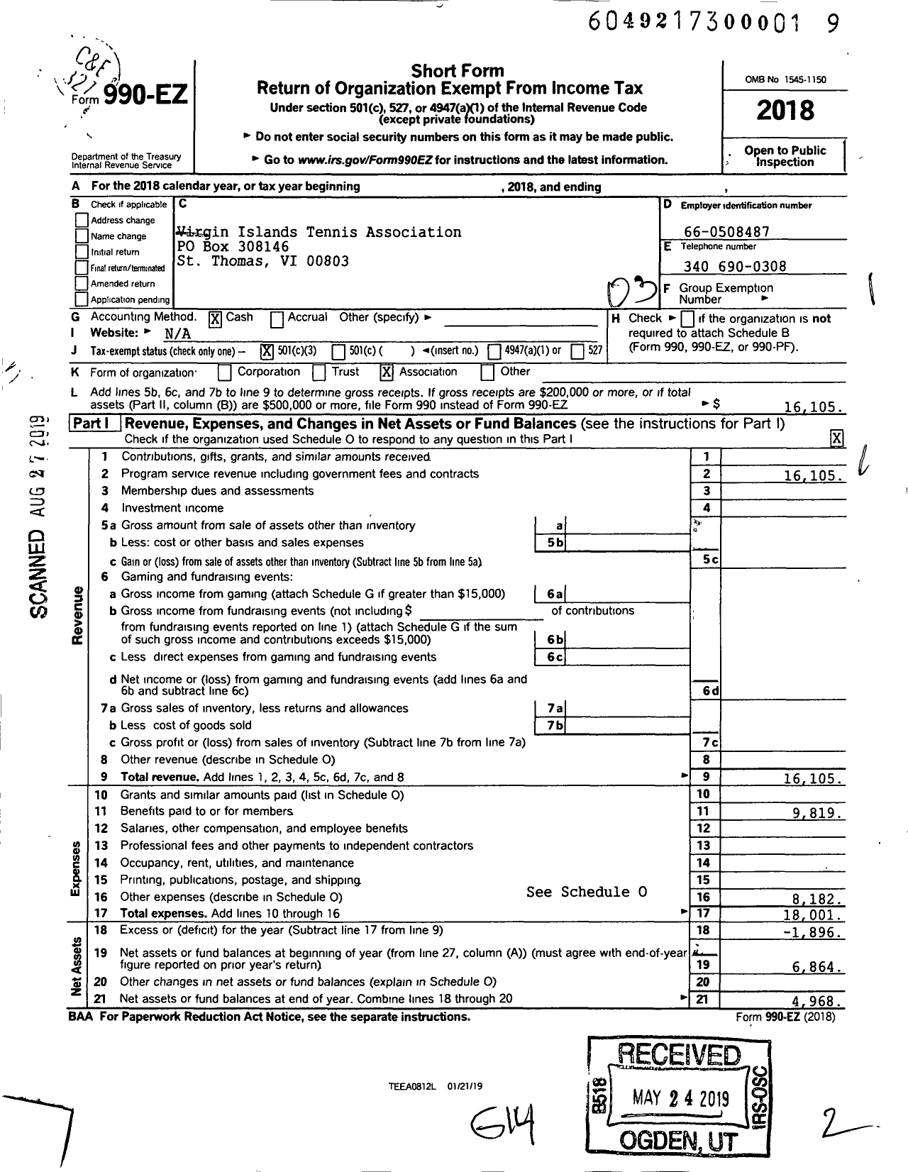 Image of first page of 2018 Form 990EZ for Virgin Islands Tennis Association