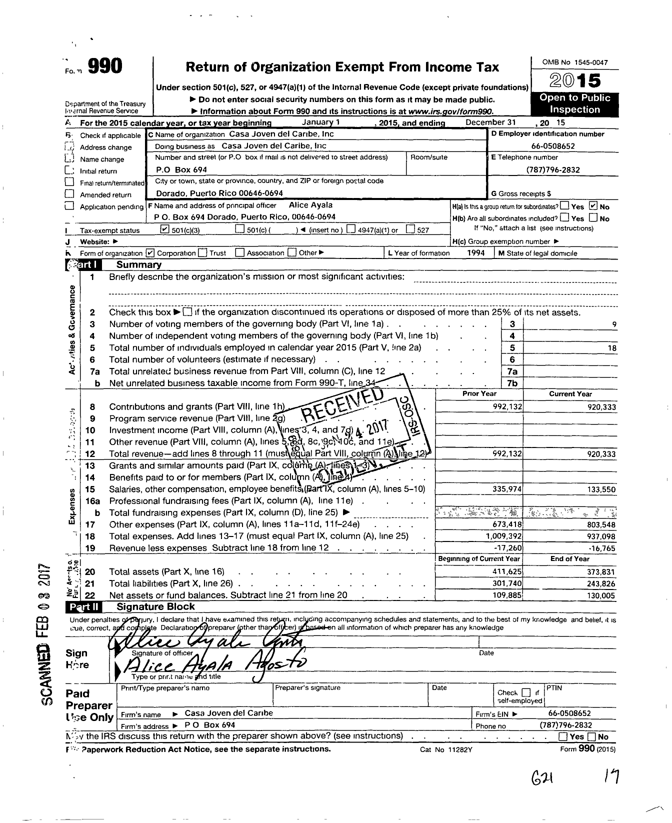 Image of first page of 2015 Form 990 for Casa Joven Del Caribe