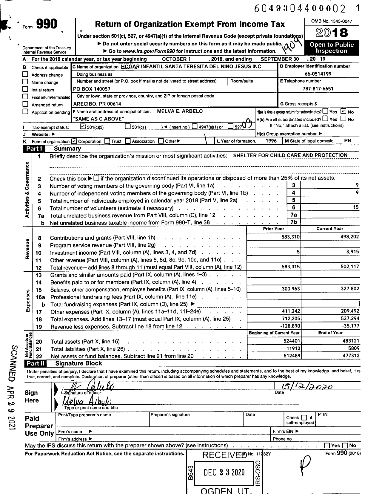 Image of first page of 2018 Form 990 for Hogar Infantil Santa Teresita Del Nino Jesus