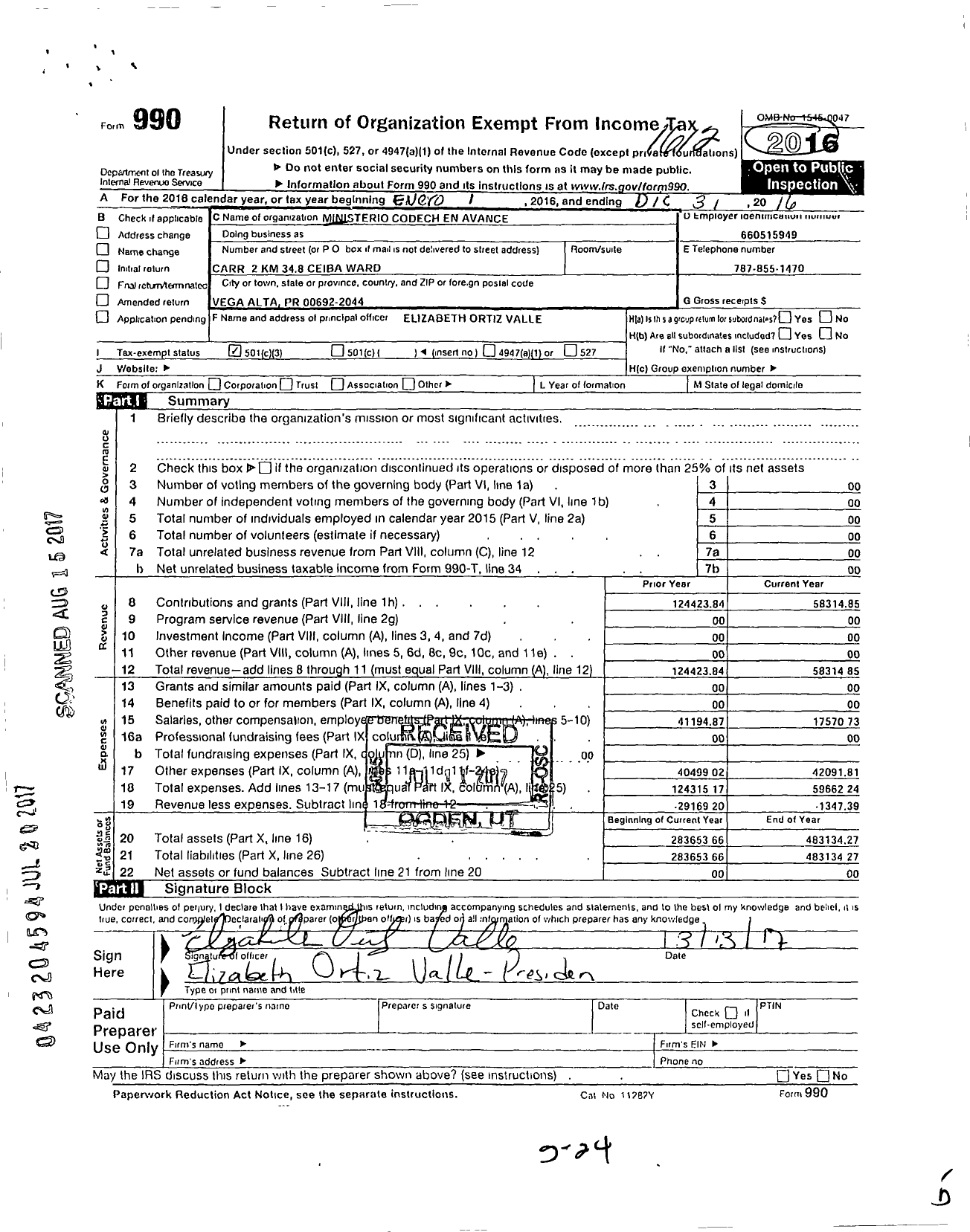 Image of first page of 2016 Form 990 for Ministerio Codech En Avance