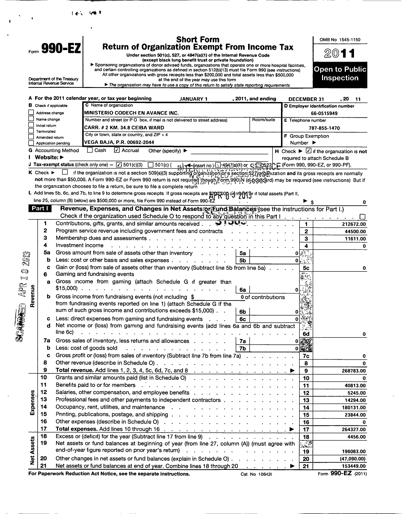 Image of first page of 2011 Form 990EZ for Ministerio Codech En Avance