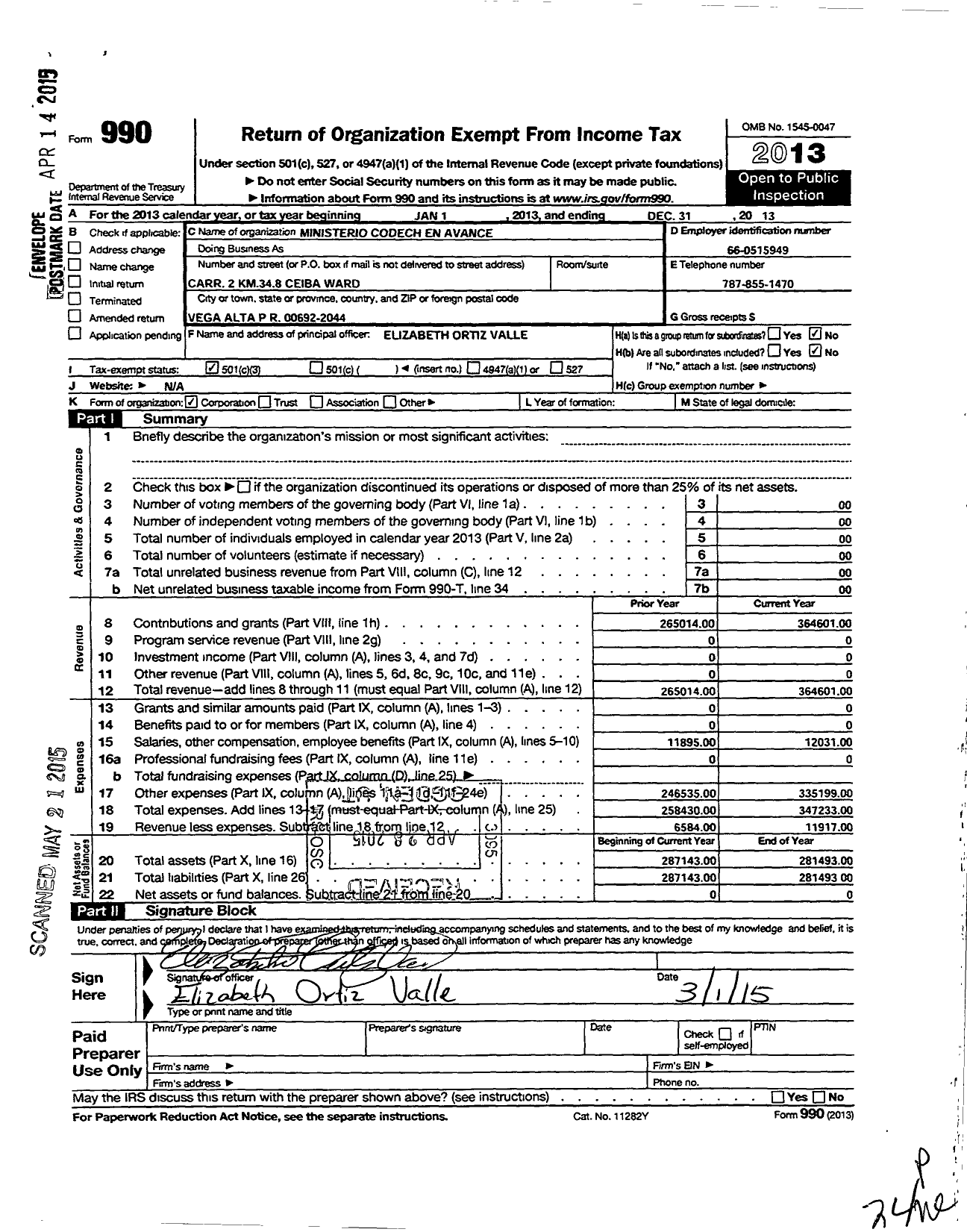 Image of first page of 2013 Form 990 for Ministerio Codech En Avance