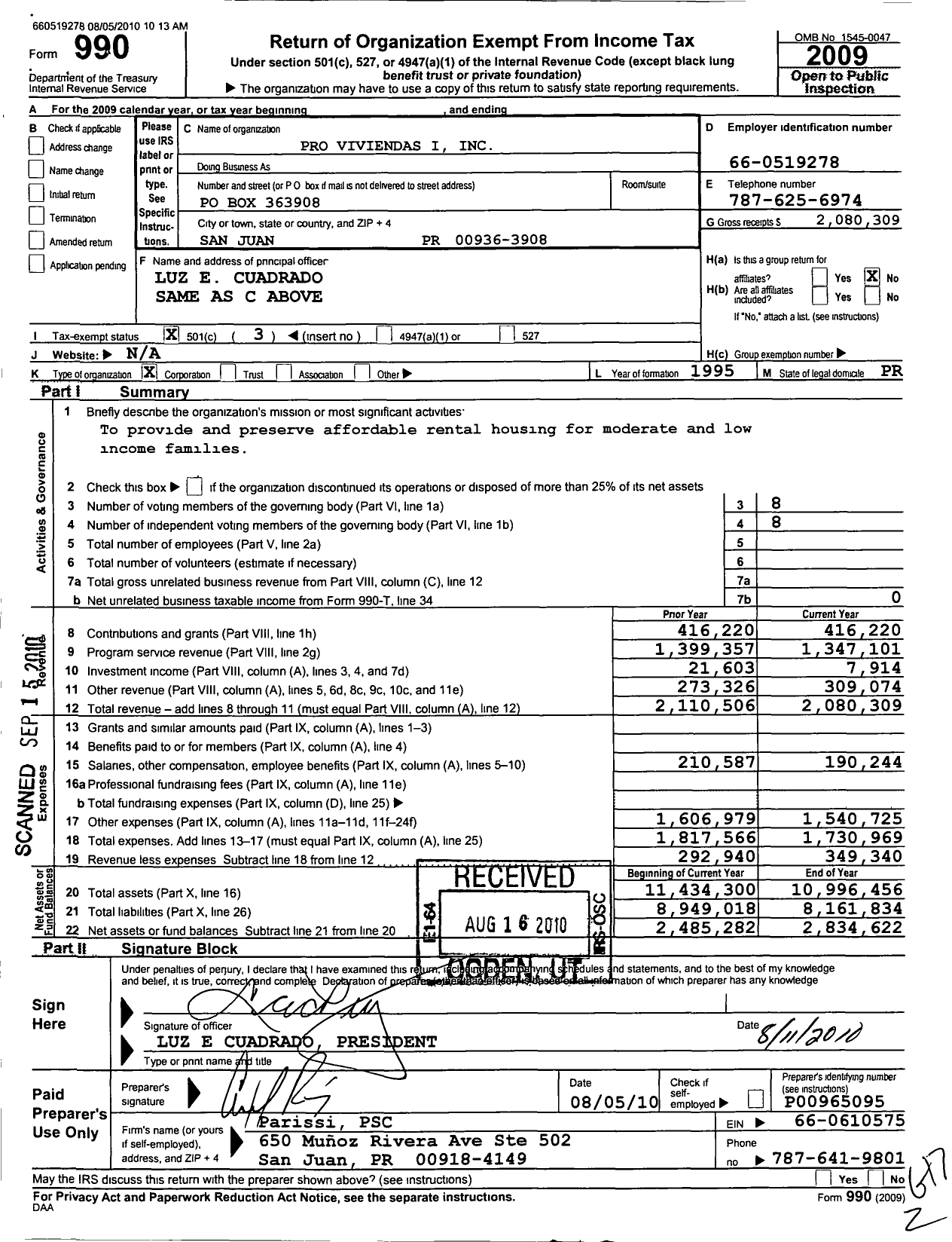 Image of first page of 2009 Form 990 for Pro Viviendas I